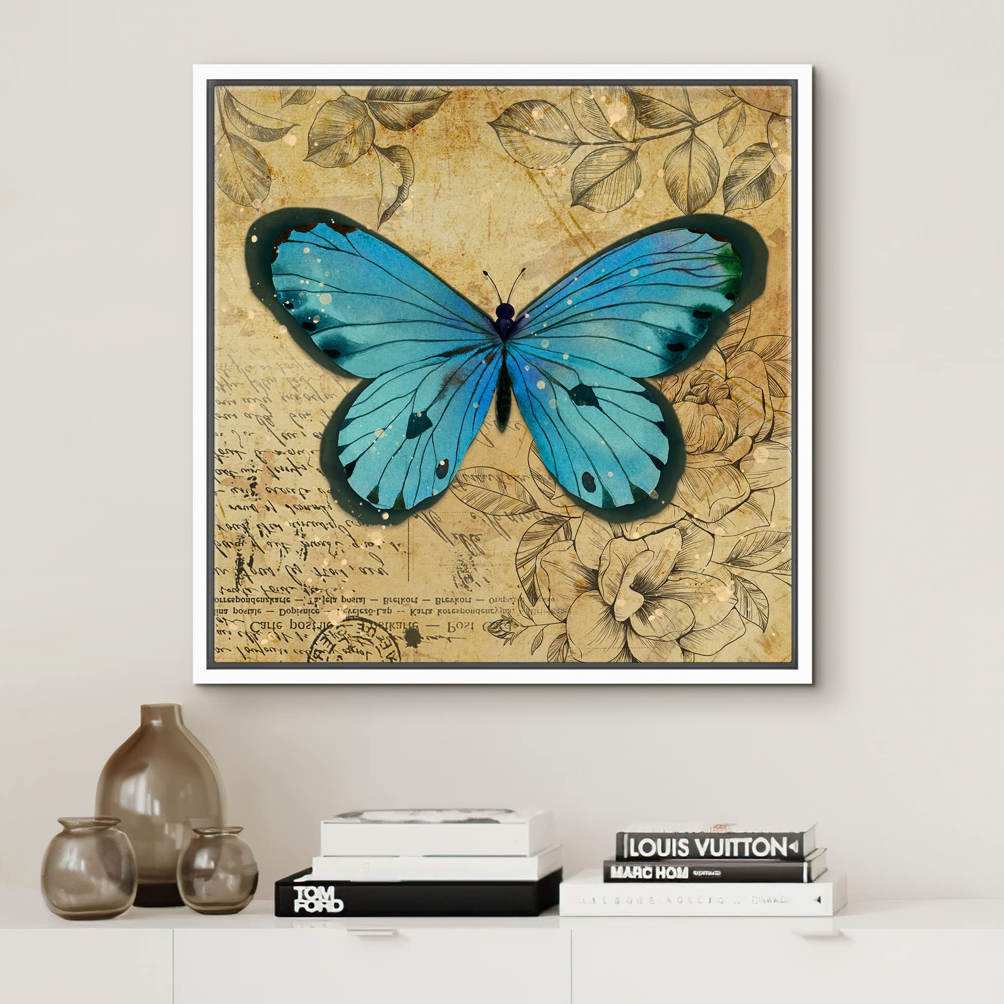 Wall26 Framed Canvas Print Wall Art Teal Blue Butterfly Floral Pattern Nature Wilderness Rustic Modern Art Farmhouse Decorative