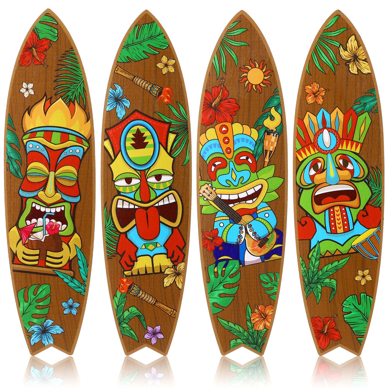 Blulu 4 Pcs Surfboard Wall Decor Surfboard Wall Hanging Sign Wooden Beach Decoration Summer Theme Decor Hawaiian Luau Party Deco
