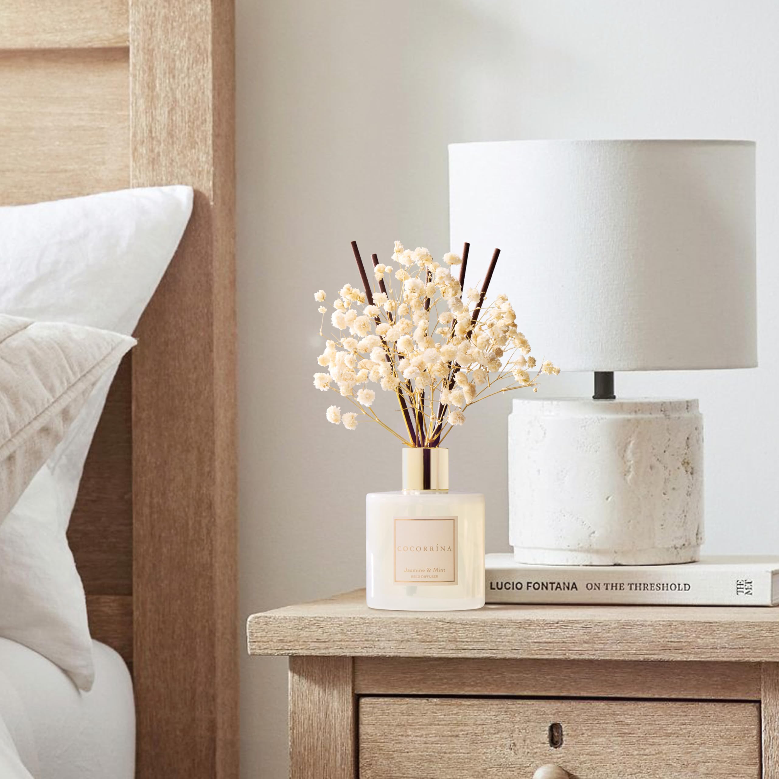 COCORR  NA Reed Diffuser - Jasmine & Mint 6.7 Fl.oz Reed Diffuser Set with Sticks & Preserved Babys Breath, Reed Diffuser for H