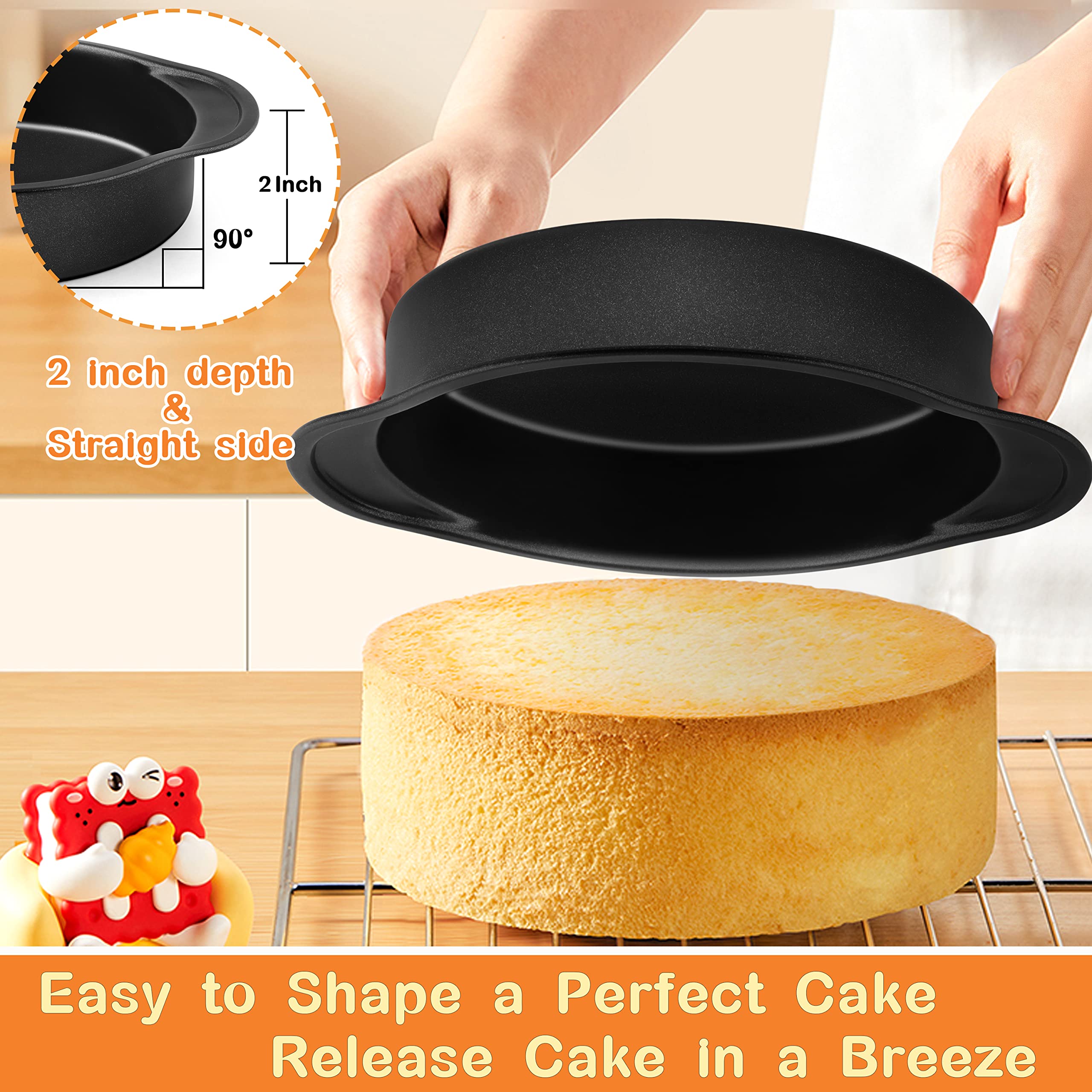 P&P Chef 8 Inch Cake Baking Pans Set Of 3, Round Cake Pan With Wide Handle For Nonstick, Stainless Steel Core & One-Piece Design