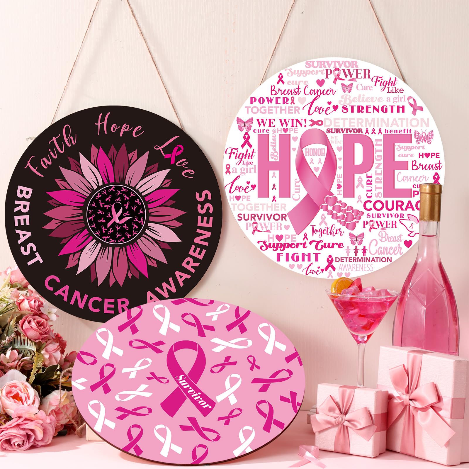 3 Pcs Breast Cancer Awareness Decoration Pink Ribbon Front Door Decor Signs Faith Hope Love Wooden Wreath Breast Cancer Awarenes