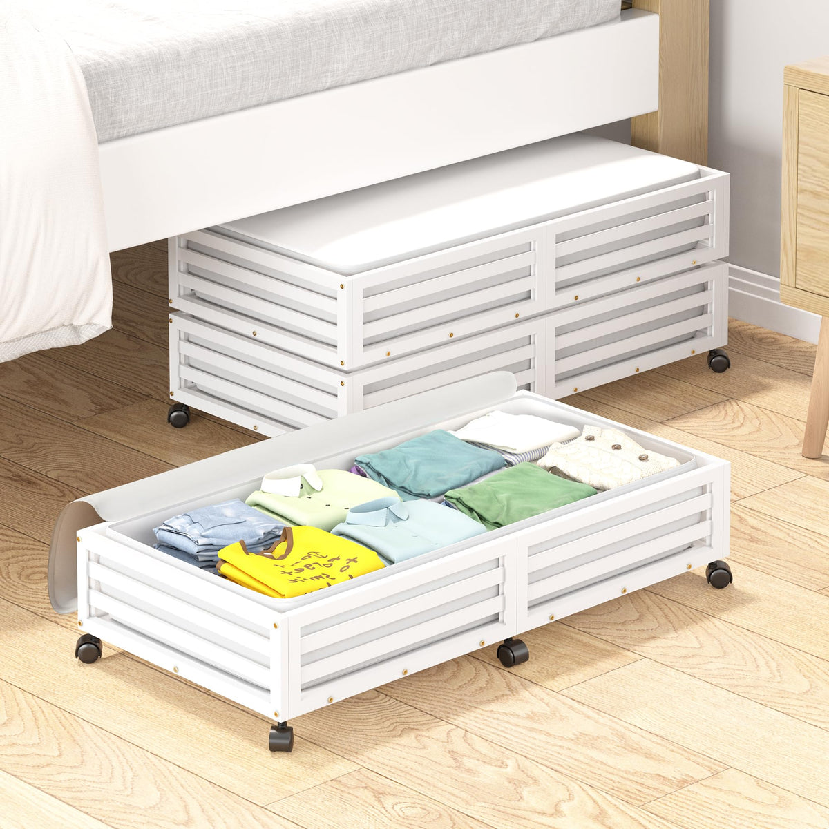 WISUCART Bamboo Under Bed Storage Containers- Underbed Organizer with Wheels with Large Capacity Dust Bag,Sturdy Wood Rolling Un