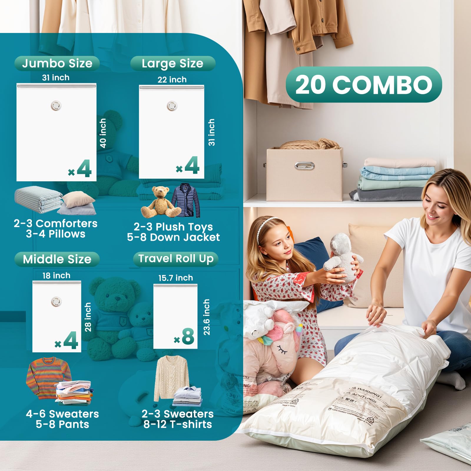 TAILI 20 Pack Vacuum Storage Bags  Space Saver Bags (4 Jumbo  4 Large  4 Medium  8 Rolling)  Storage Bags Vacuum Sealed for Clothes  Beddings  Comforters  Saving More Closet Space