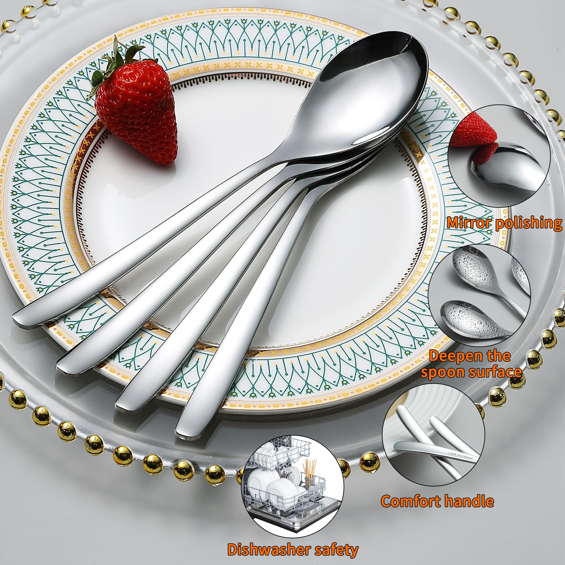 Kyraton Dinner Spoons Set Of 12 Pieces, 8'' Stainless Steel Table Spoons, Soup Spoons, Spoons Silverware Set, Dishwasher Safe