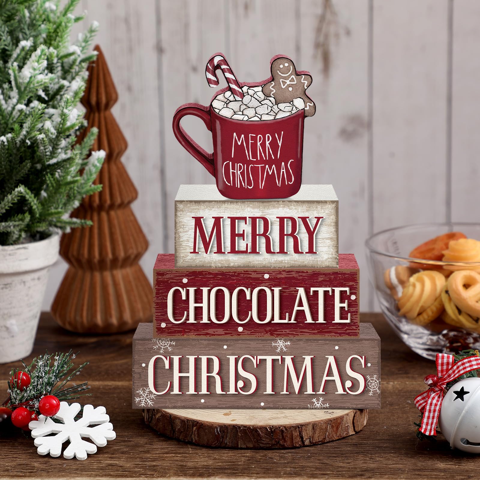 Yousoontic 4 Pcs Christmas Wooden Table Decorations Hot Cocoa Gingerbread Rustic Block Signs Centerpiece Tiered Tray Decor Xmas