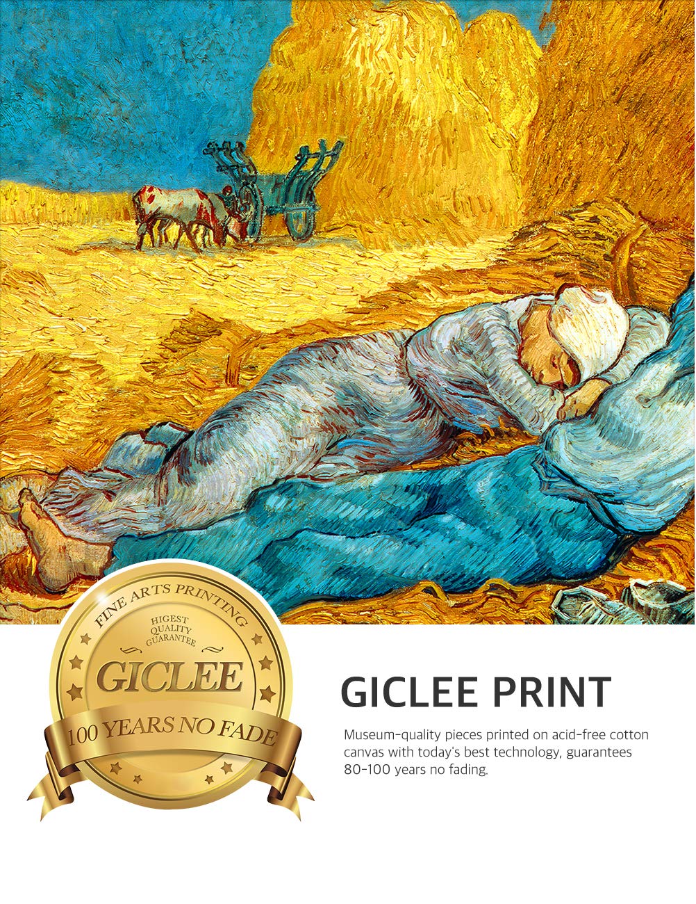 Decorarts - Noon: Rest From Work - Vincent Van Gogh. Giclee Print On Canvas With Matching Golden-Relief Framed Wall Art. Picture