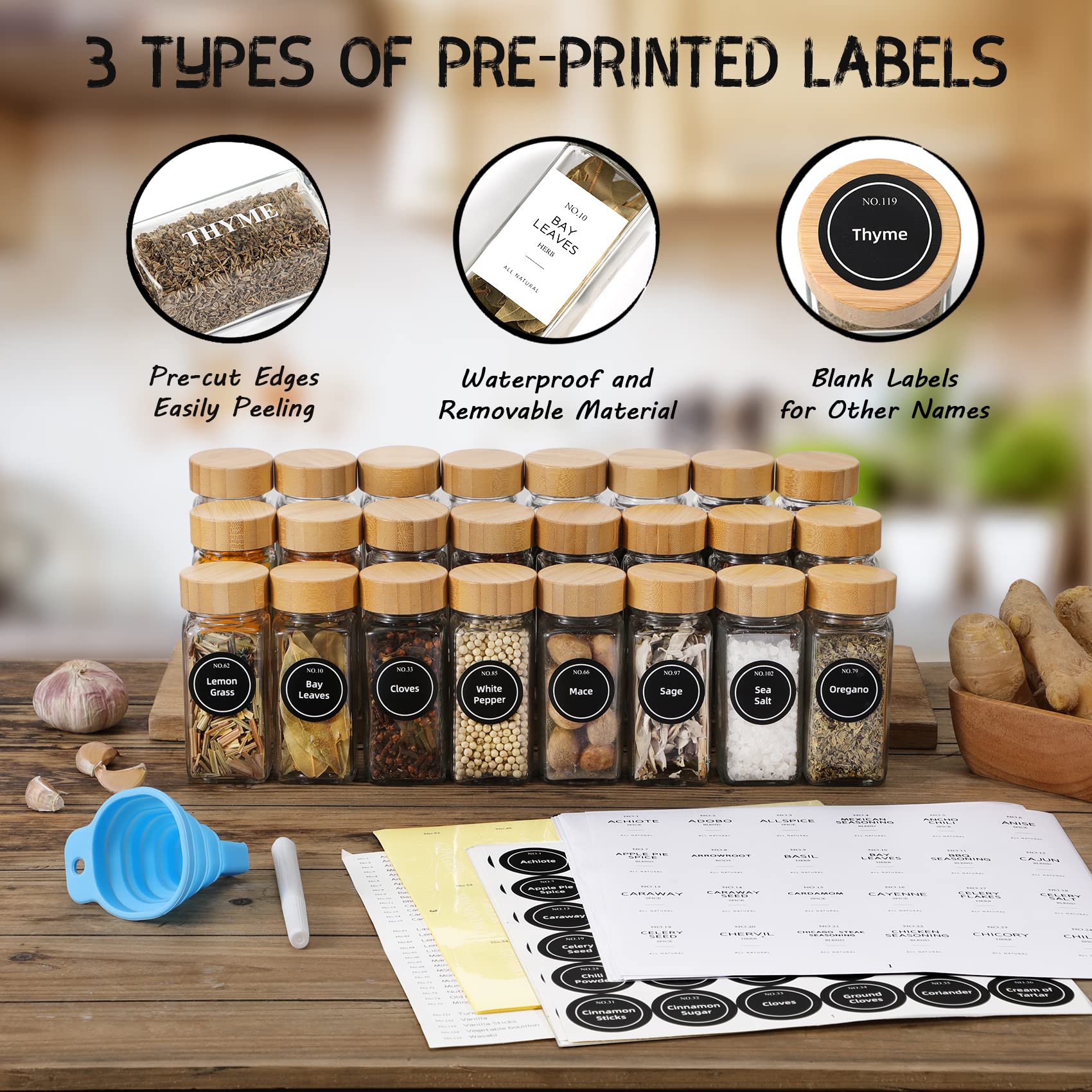 Netany 24 Pcs Glass Spice Jars With Bamboo Lids, 4 Oz Glass Jars With Minimalist Farmhouse Spice Labels Stickers, Collapsible Fu