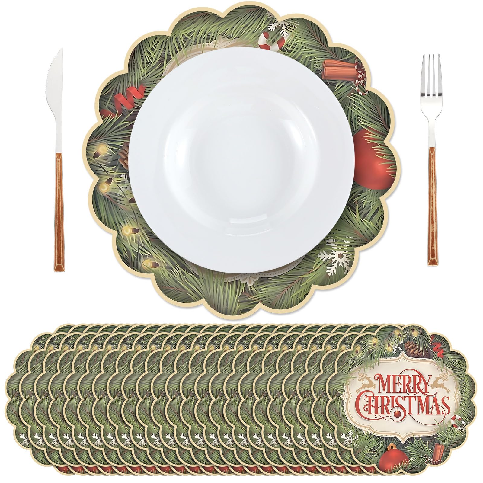 Vesici 100 Pcs Christmas Paper Placemats Disposable 13 Inch Merry Christmas Paper Place Mats Decorative Round Table Mats for Win