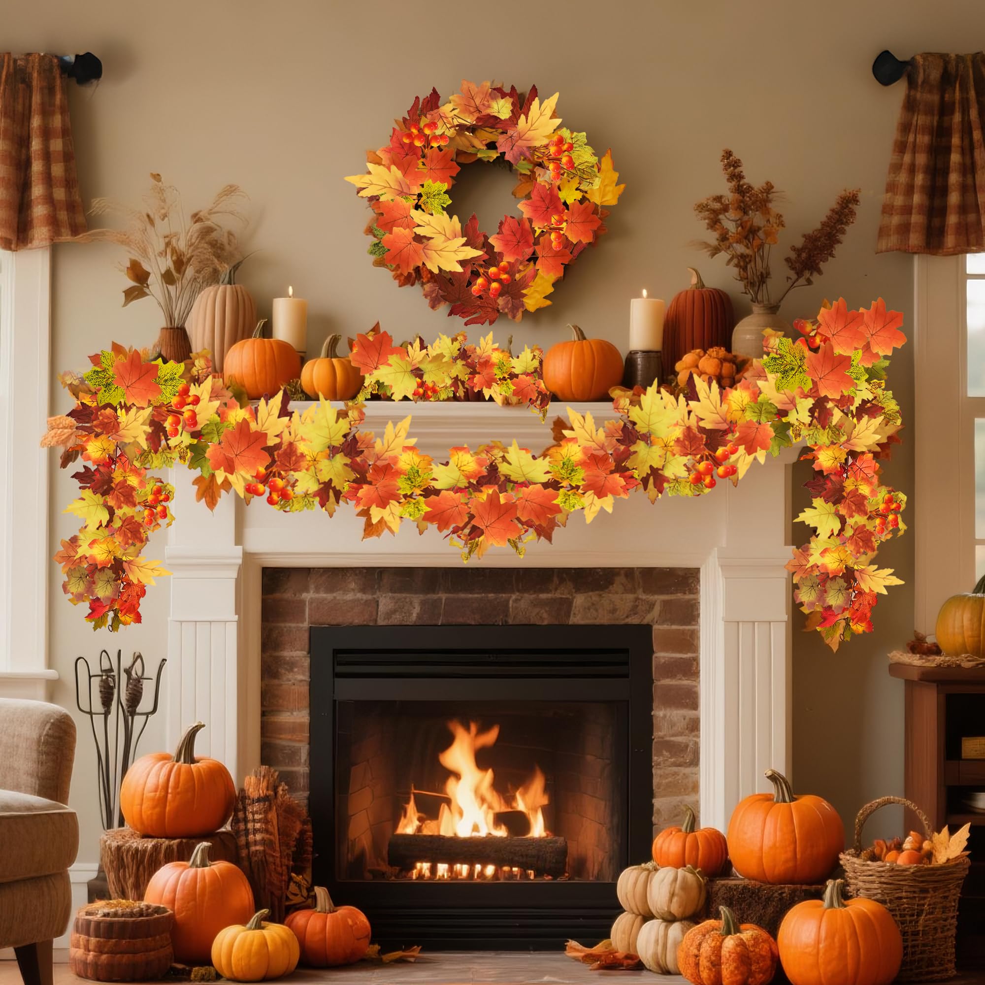 JANEF 2 Pcs Fall Maple Leaf Garland, Autumn Hanging Thanksgiving Decor Artificial Garland for Wedding Home Fireplace Party Autum
