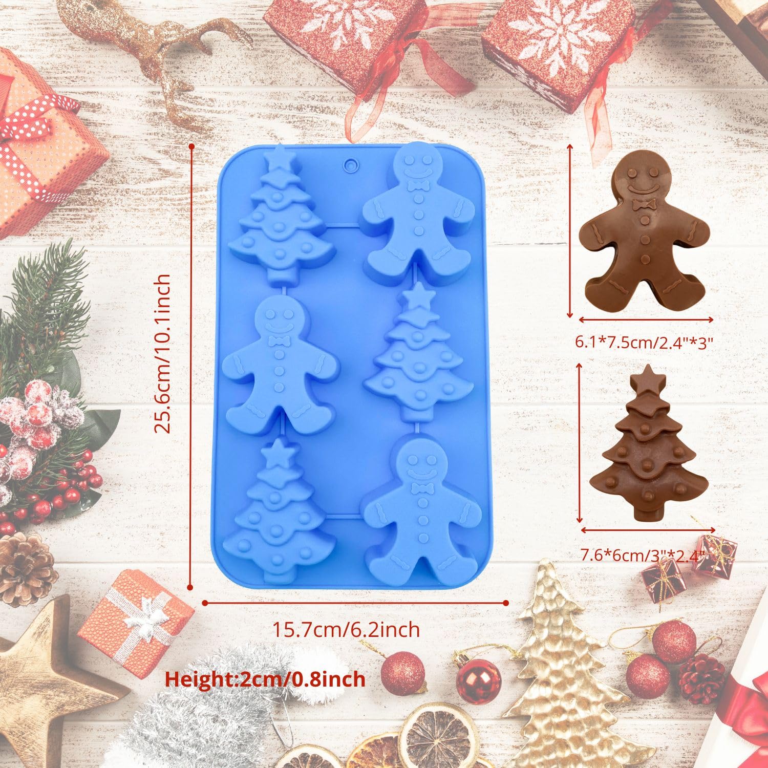 Orapink 1 Pieces Silicone Christmas Chocolate Molds Gingerbead Man,Christmas Tree Shape 3D Chocolate/Candy/Soap/Cheese Moulds fo