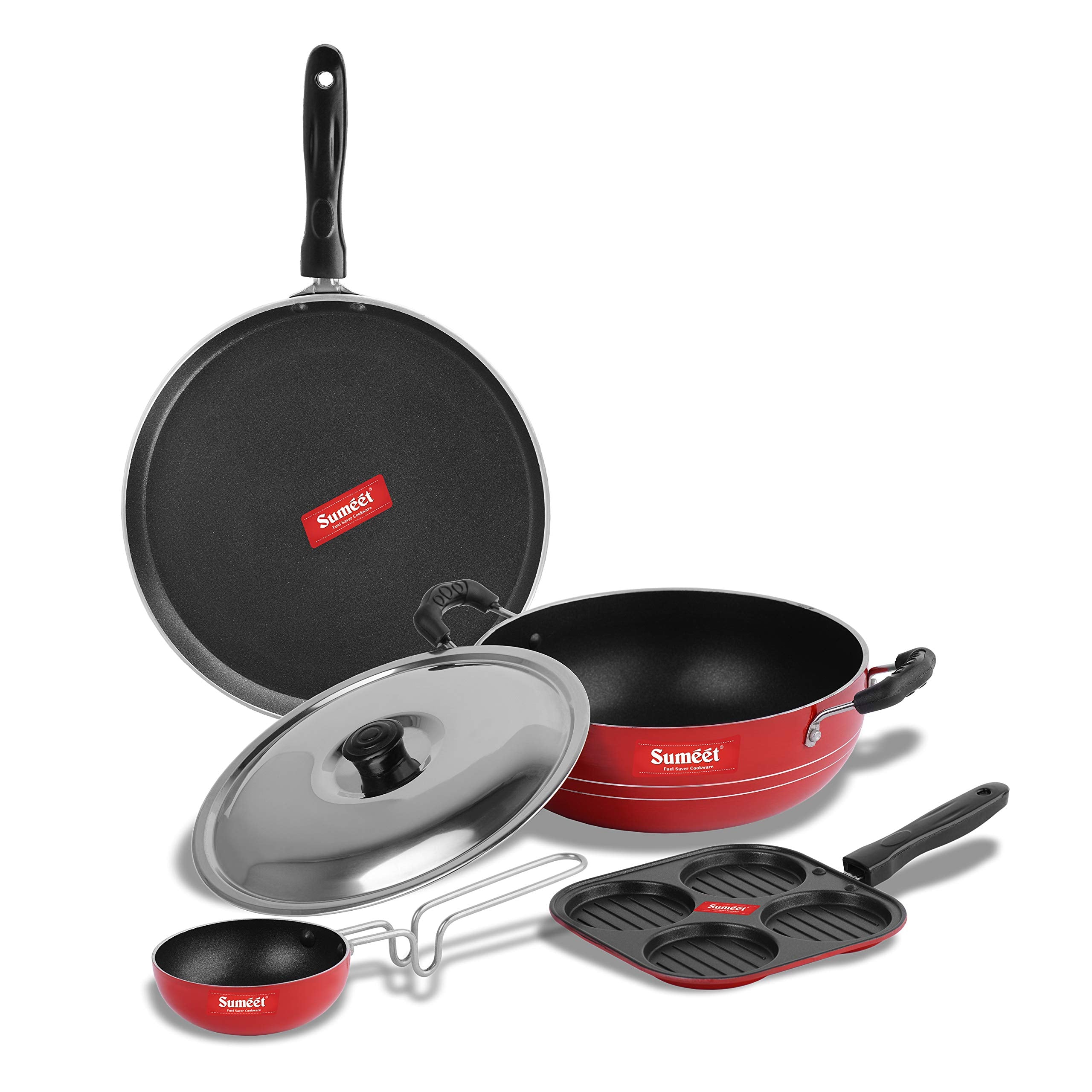 Sumeet 2.6Mm Thick Non-Stick Rudh Cookware Set (Dosa Tawa - 26.5Cm Dia + Mini Multi Snack Maker - 19.5Cm Dia + Kadhai With Lid -