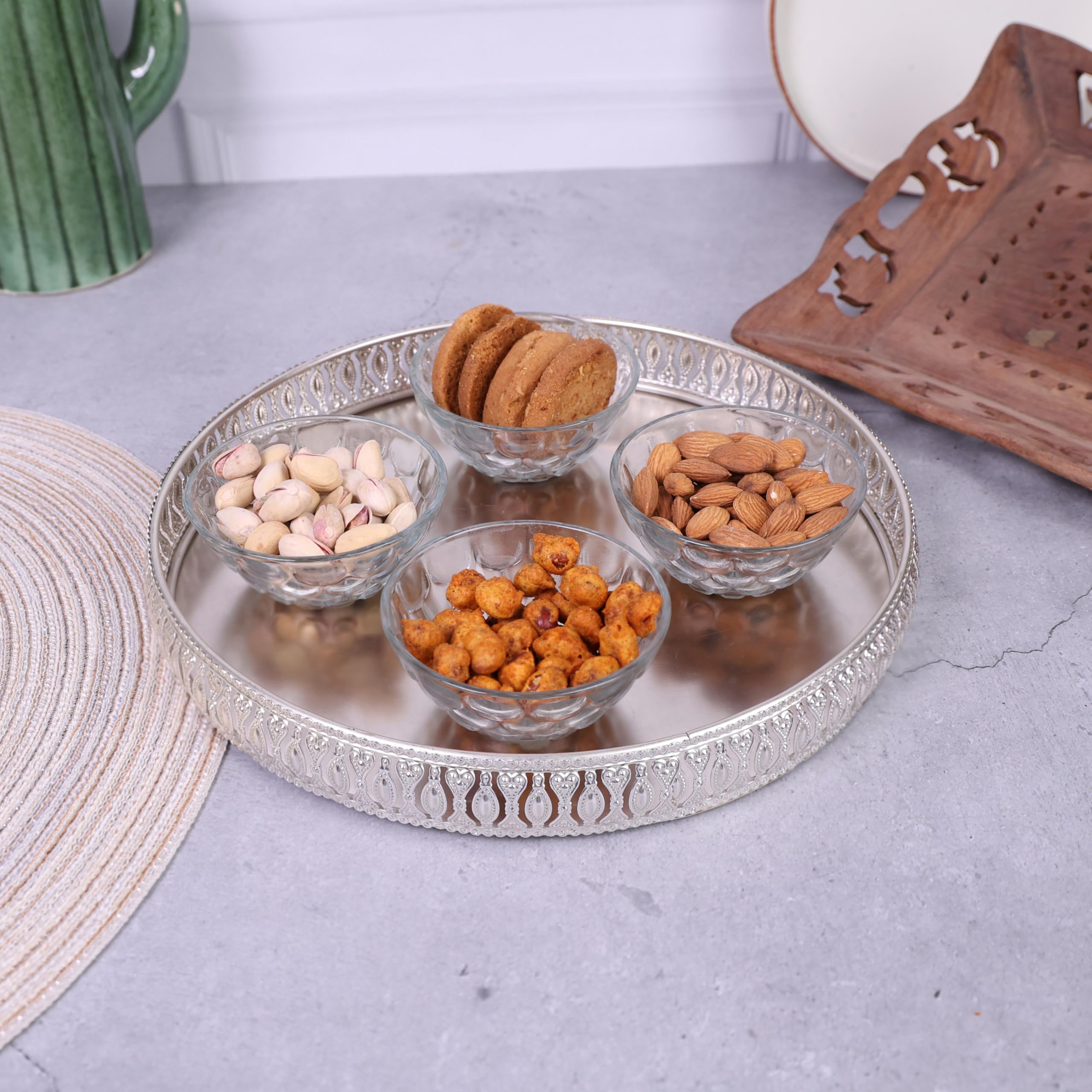 Design Decor Gallery Round German Silver Plated Tray | Decorative Plate | Gift For Diwali, Anniversary, House Warming, Birthday,
