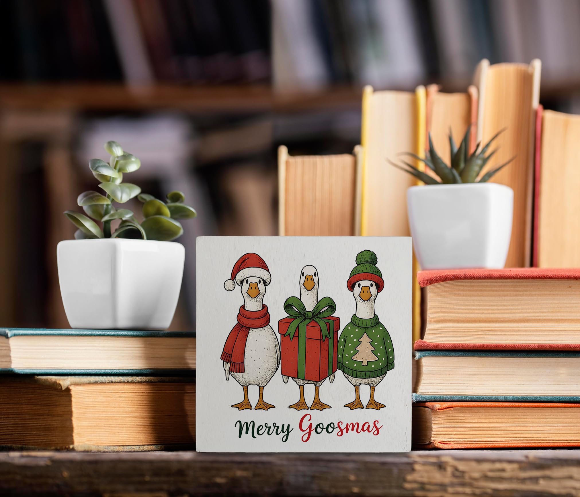kunlisa Christmas Goose Wooden Sign, Goose Lover Gifts, Funny Red and Green Xmas Santa Farm Animal Wood Box Sign for Home Office