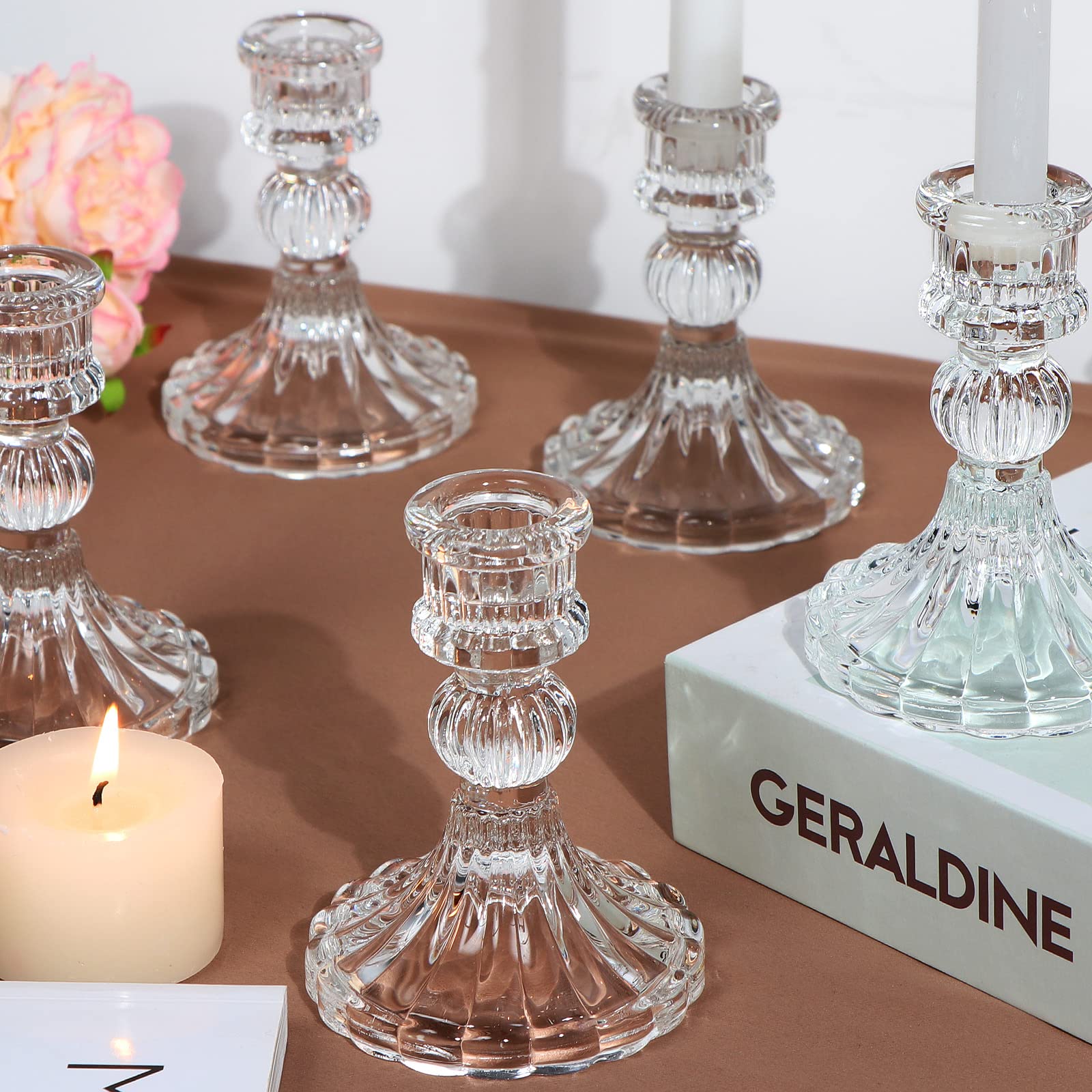 DARJEN Candlestick Holders Set, 4 H Taper Candle Holders Bulk, 12Pcs Glass Candle Holders for Wedding, Festival, Party & Windows