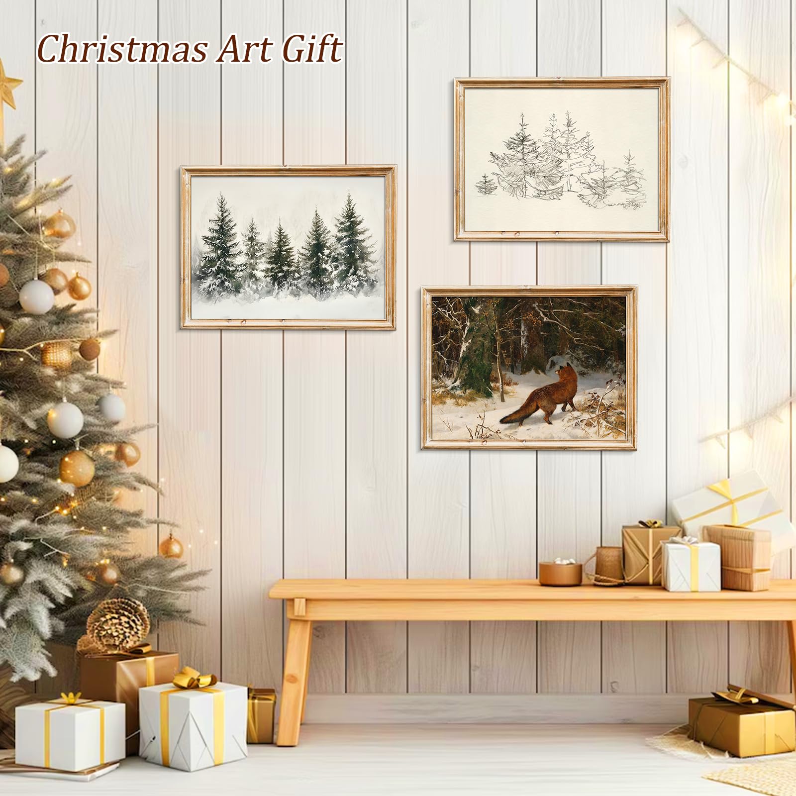 uniro Christmas Wall Art Prints, Vintage Christmas Decor, Rustic Winter Pine Forest Christmas Trees Canvas Art Prints Poster Pai