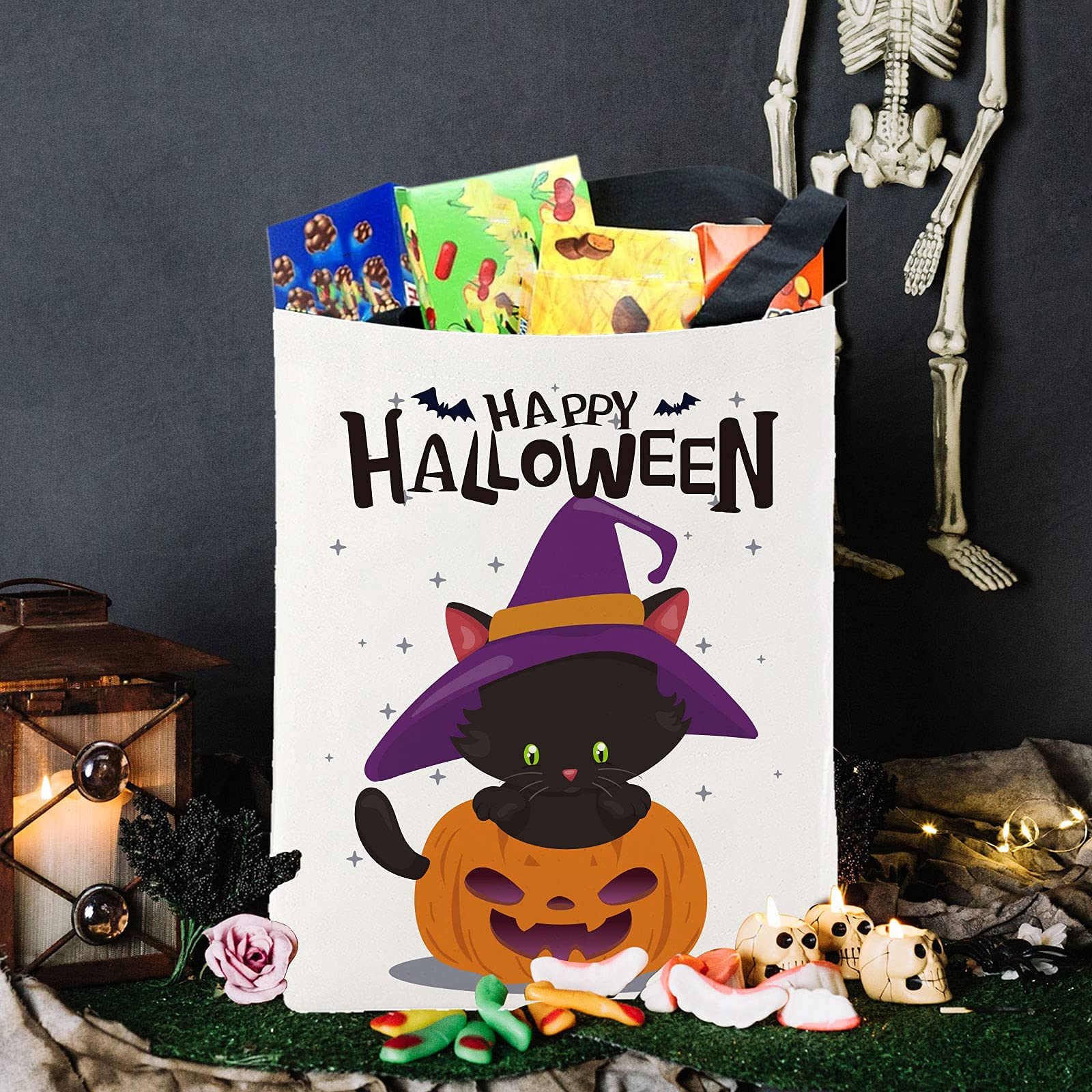 Atfunshop Halloween Tote Bag Trick Or Treat Bag Black Cat Pumpkin Canvas Bags 15.7 X 11.8'' - Reusable Large Halloween Treat Bag