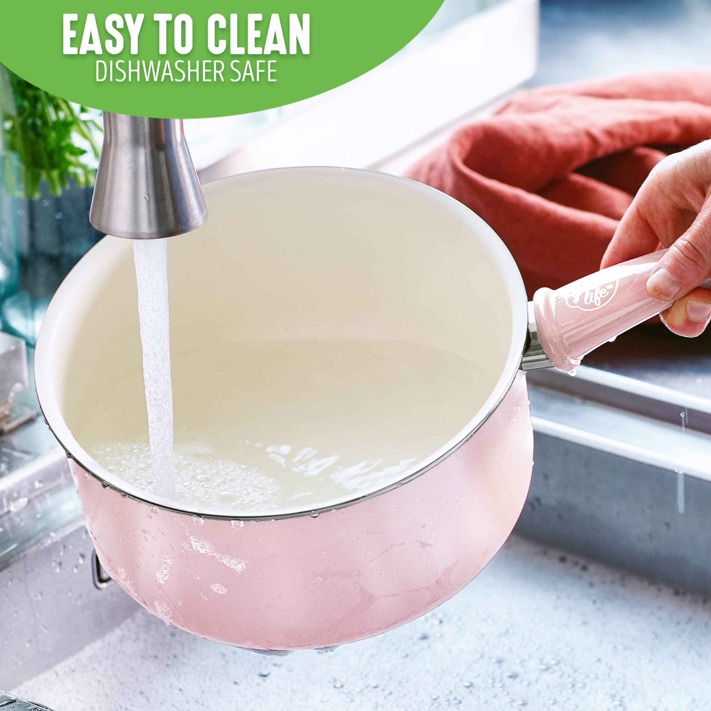 Greenlife Soft Grip Healthy Ceramic Nonstick, 1Qt And 2Qt Saucepan Pot Set With Lids, Pfas-Free, Dishwasher Safe, Soft Pink
