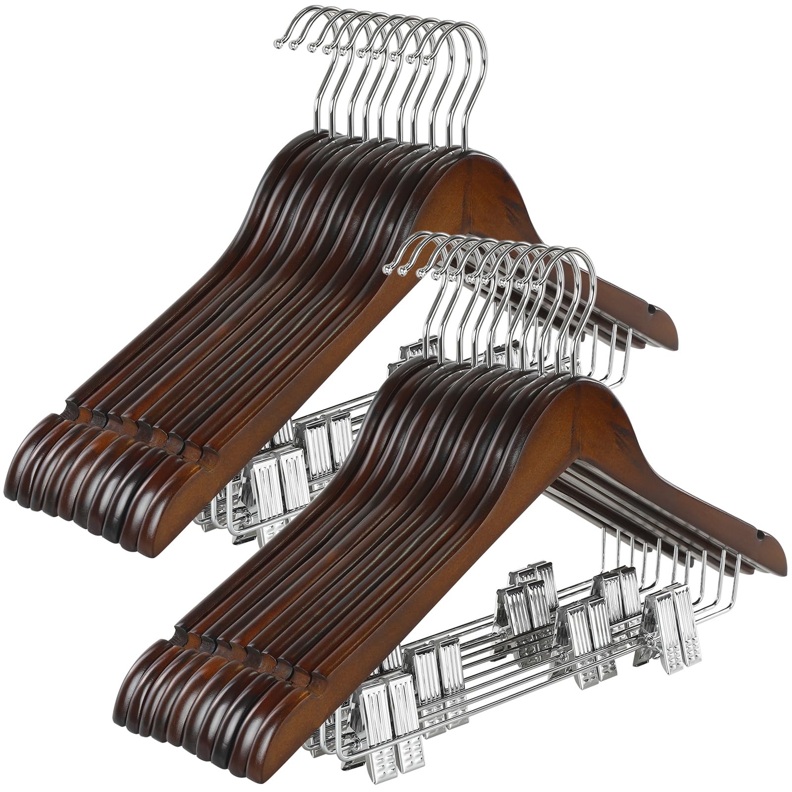 TOPIA HANGER Wooden Suit Hangers with Adjustable Metal Clips (20 Pack)  Solid Wood Clothes Hangers  360? Swivel Hook  Premium Retro Finish Pants Hangers for Clothes Coat  Jeans  Blouse-CT28A20