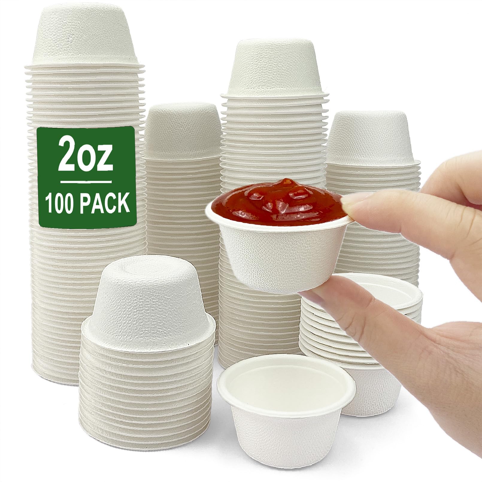CAMKYDE 2 oz Disposable Bagasse Fiber Souffle Cups 100pk  100% Natural Biodegradable Compostable Condiment Cups Sample Cups Tasting Cups (White  Pack of 100)