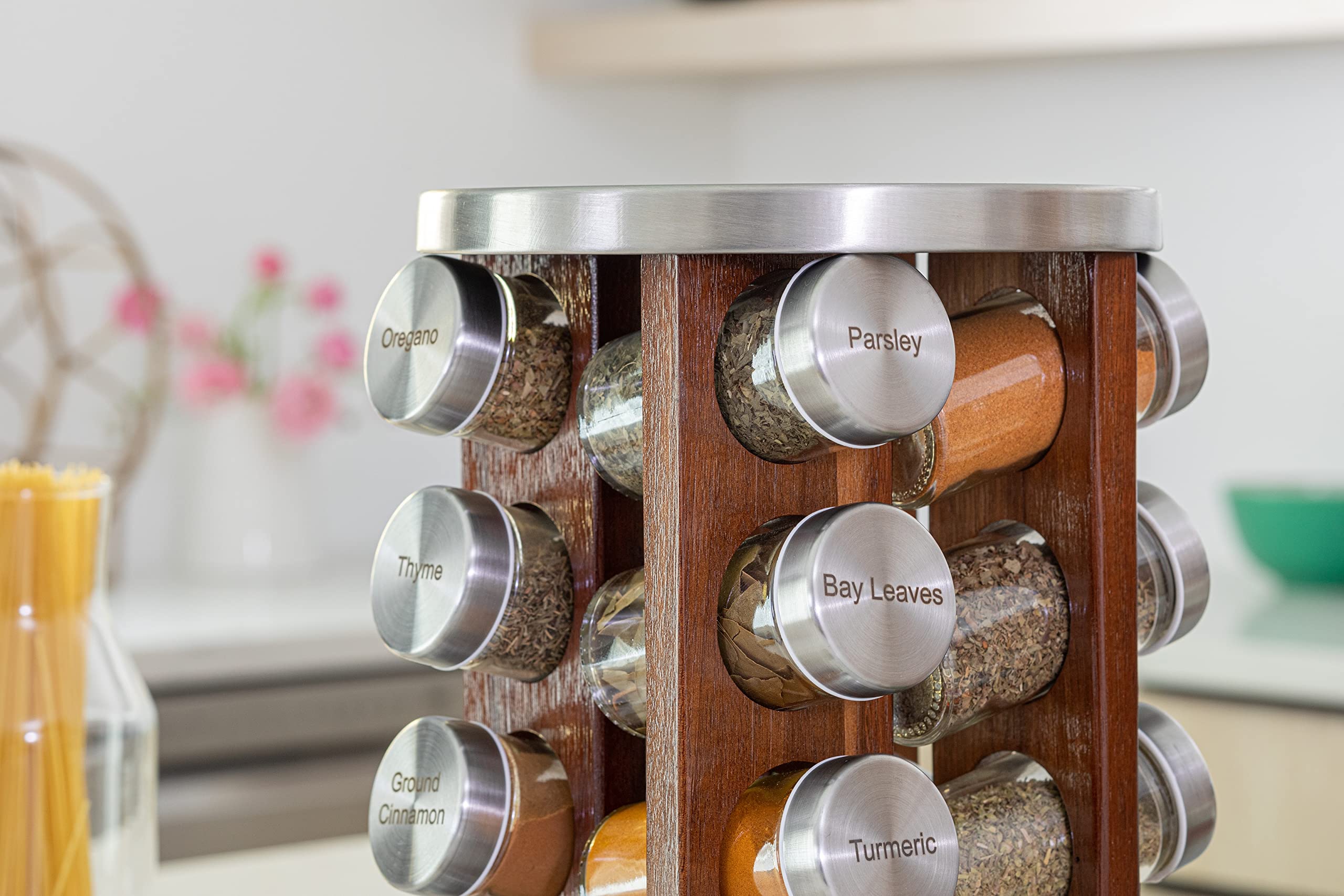 Orii 20 Jar Dark Acacia Wood Spice Rack With Spices Included - Rotating Tower Organizer For Kitchen Spices And Seasonings, Free