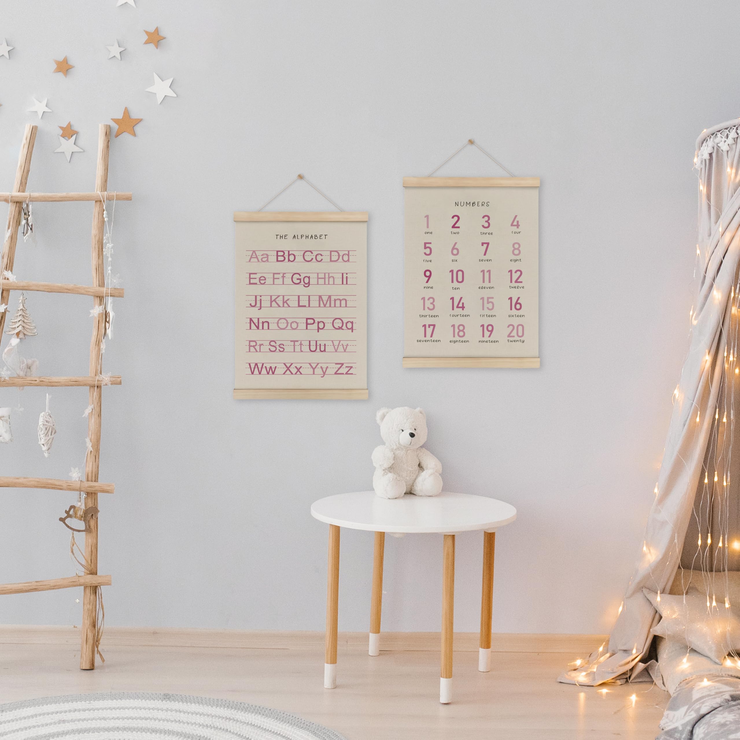 Hrqko Alphabet Numbers Poster Hanger Frame Set Of 2, Pink Girls Nursery Wall Decor, Abc Poster Wall Art With Wooden Frames, Pink