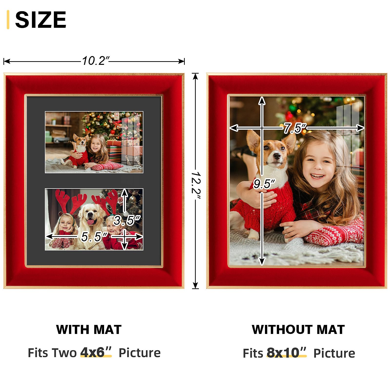 KSROECUD 8x10 Velvet Picture Frame with 2 Opening 4x6 Picture, HD Real Glass Red Velvet Photo Frame with Black White Border Mat,