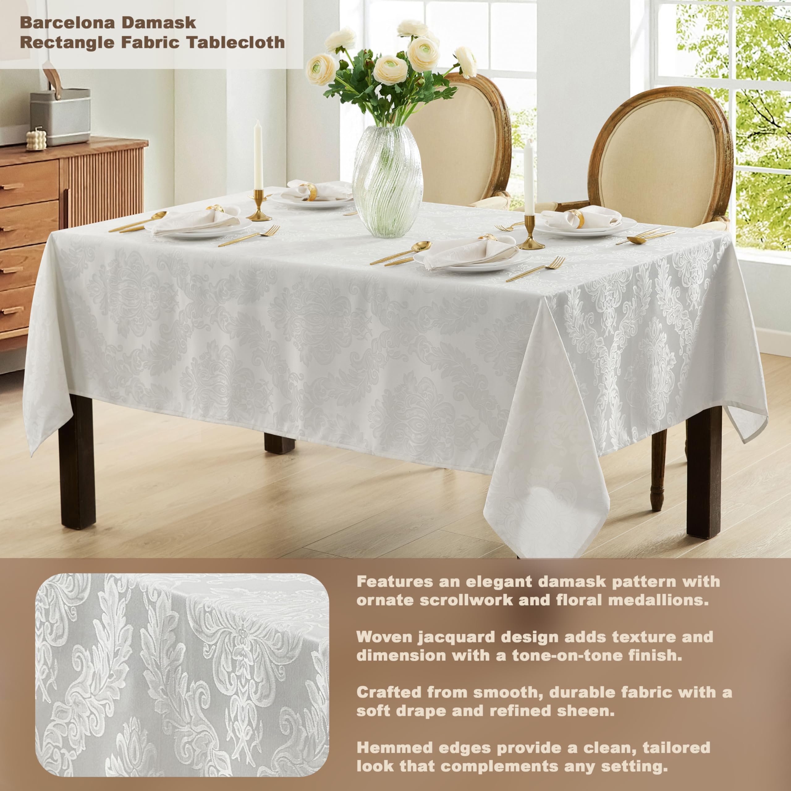 Newbridge Barcelona Luxury Damask Fabric Tablecloth, 100% Polyester, No Iron, Soil Resistant Dining Room, Party And Banquet Tabl