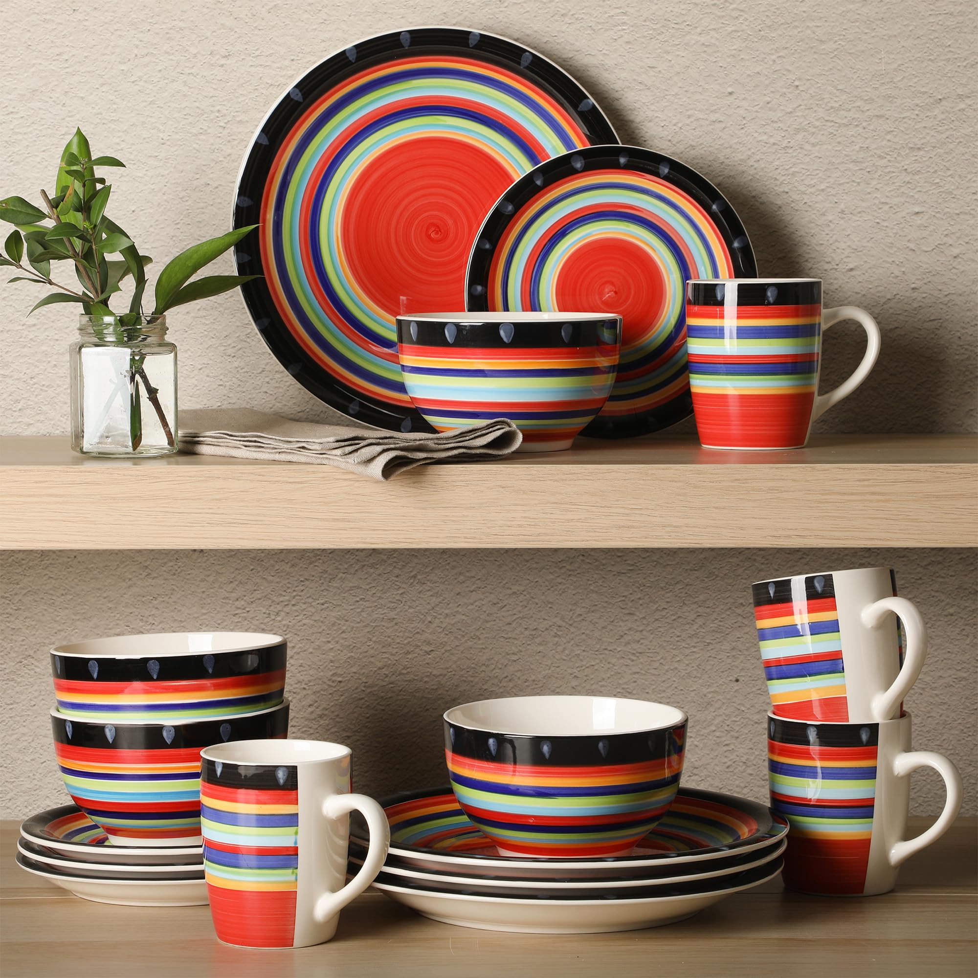 Gibson Home Festival Rings 16-Piece Stoneware Dinnerware Set - Colorful Hand-Painted Plates, Bowls & Mugs, Service for 4, Dishwa