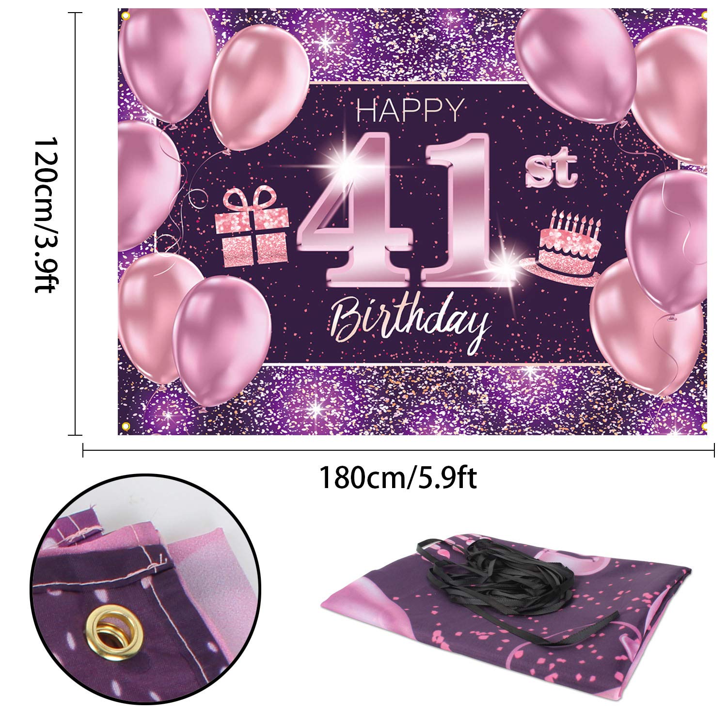 PAKBOOM Happy 41st Birthday Banner Backdrop - 41 Birthday Party Decorations Supplies for Women - Pink Purple Gold 4 x 6ft