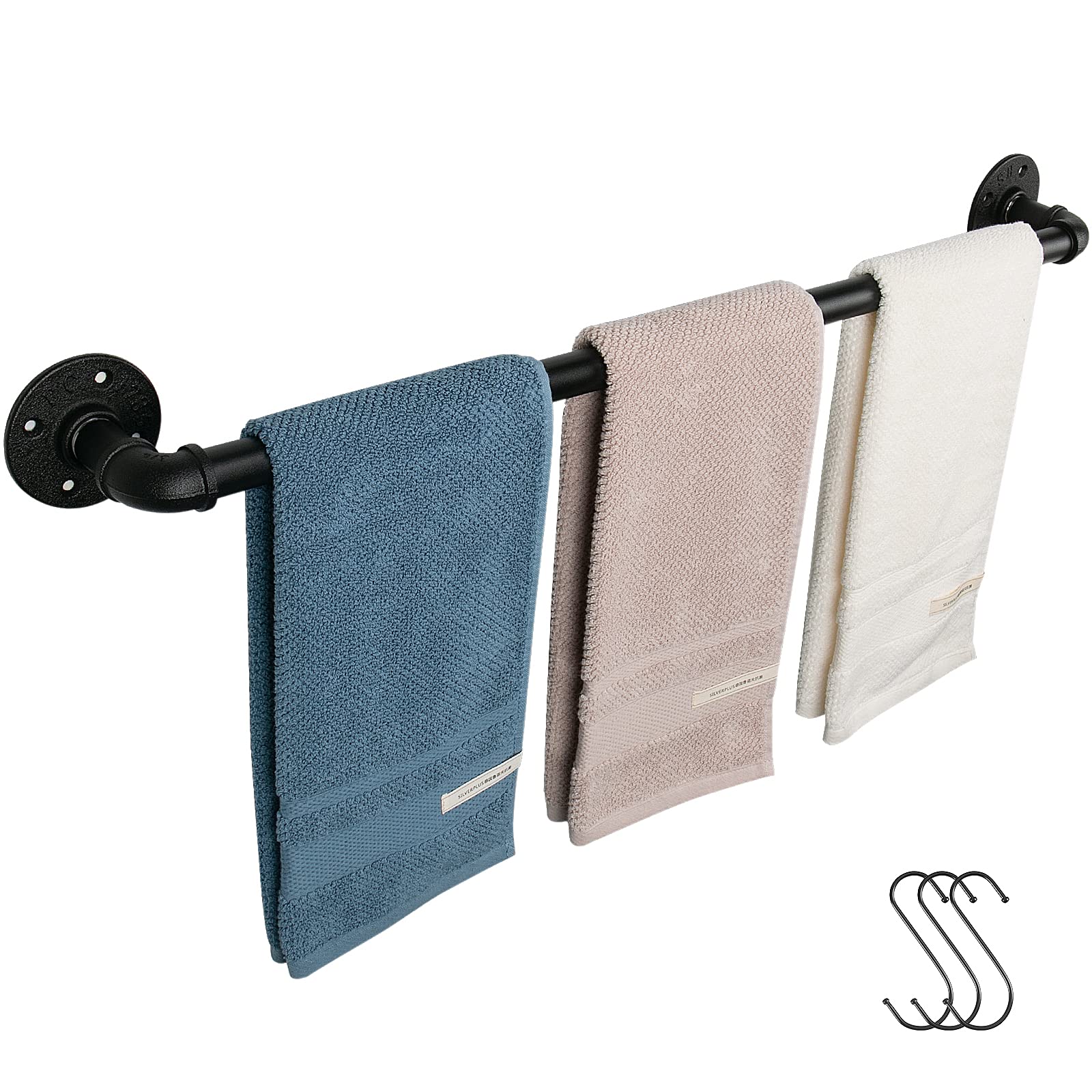 Jeasor Industrial Pipe Towel Rack Towel Bar, Heavy Duty Wall Mounted Rustic Farmhouse Bath Towel Holder For Bathroom (Black, 32