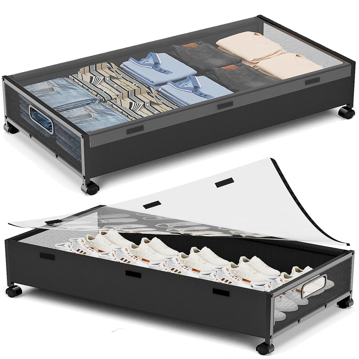 KITHELP Under Bed Storage with Wheels,2 Pack Under Bed Shoe Storage, Under the Bed Storage Drawers with Remove Window, Extra Lar