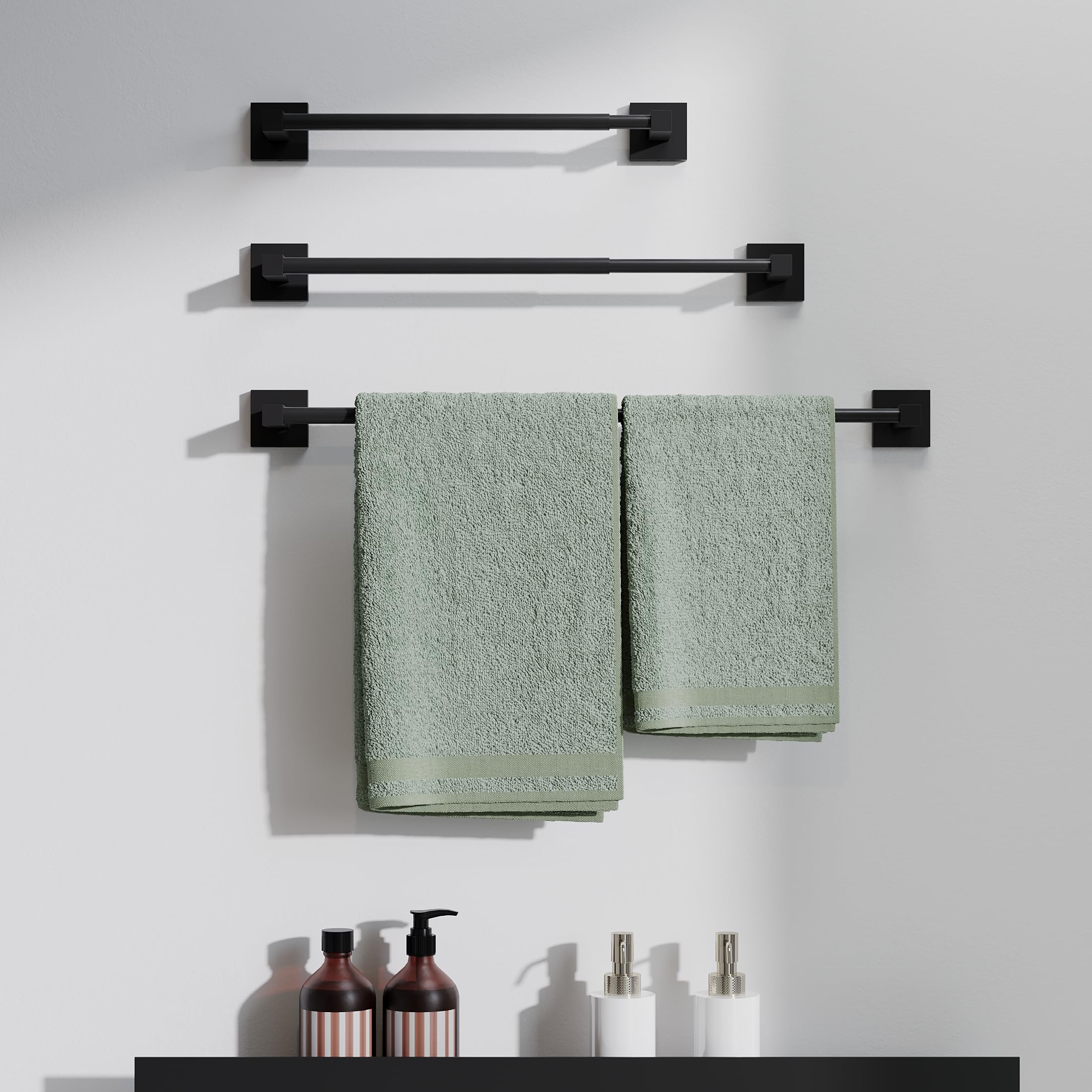 Ruacq Adjustable Towel Bar 13.8 To 24 Inch,Square Base Single Towel Racks For Bathroom,Stainless Steel Towel Holder Wall Mounted