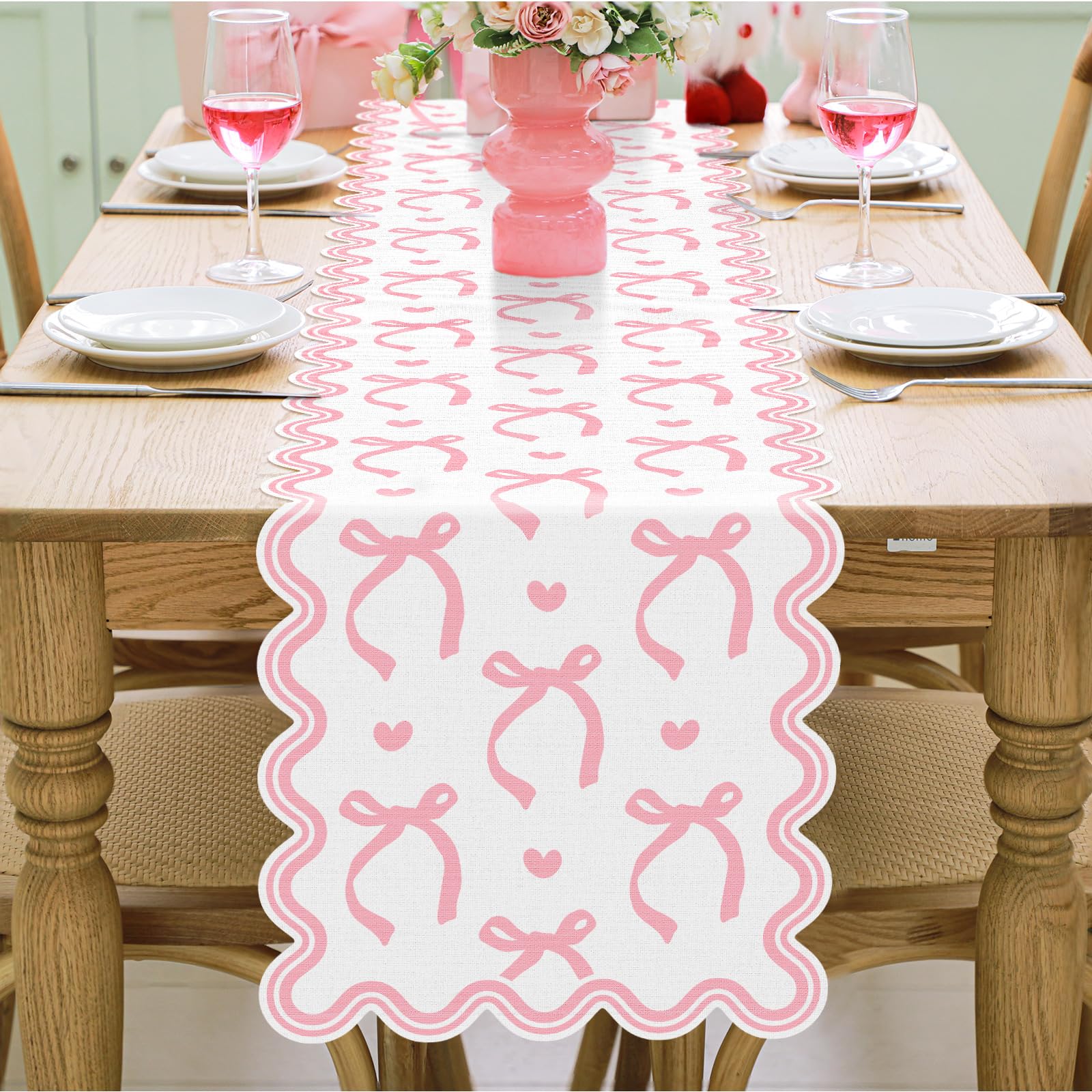 Windkream Pink Bow Table Runner 72 Inches Cute Heart Linen Fabric Scalloped Table Runner Coquette Dining Decor for Birthday Baby