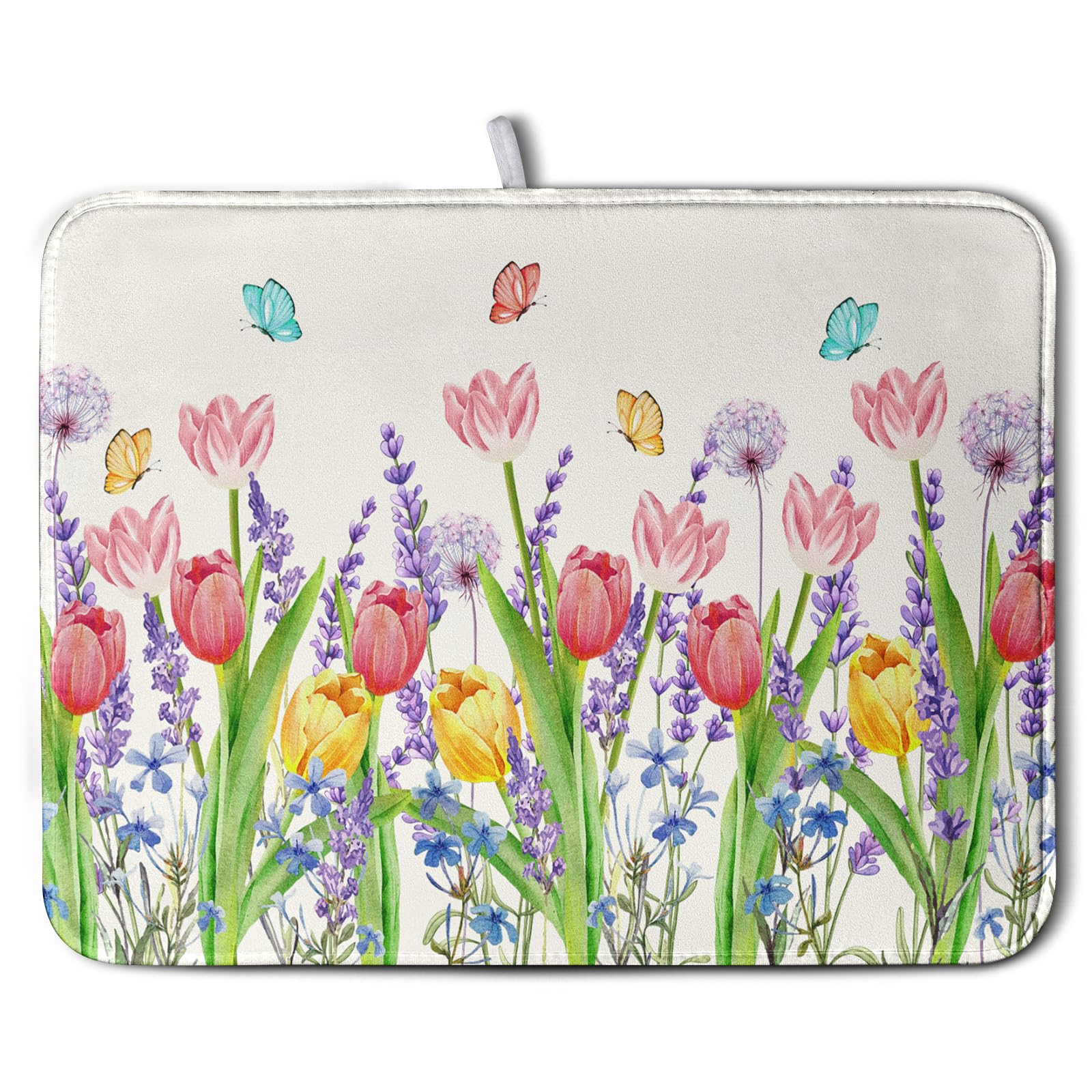Spring Floral Dish Drying Mat for Kitchen Counter Tulip Lavender Flower Dishes Pad Absorbent Microfiber Dish Draining Mat Washab