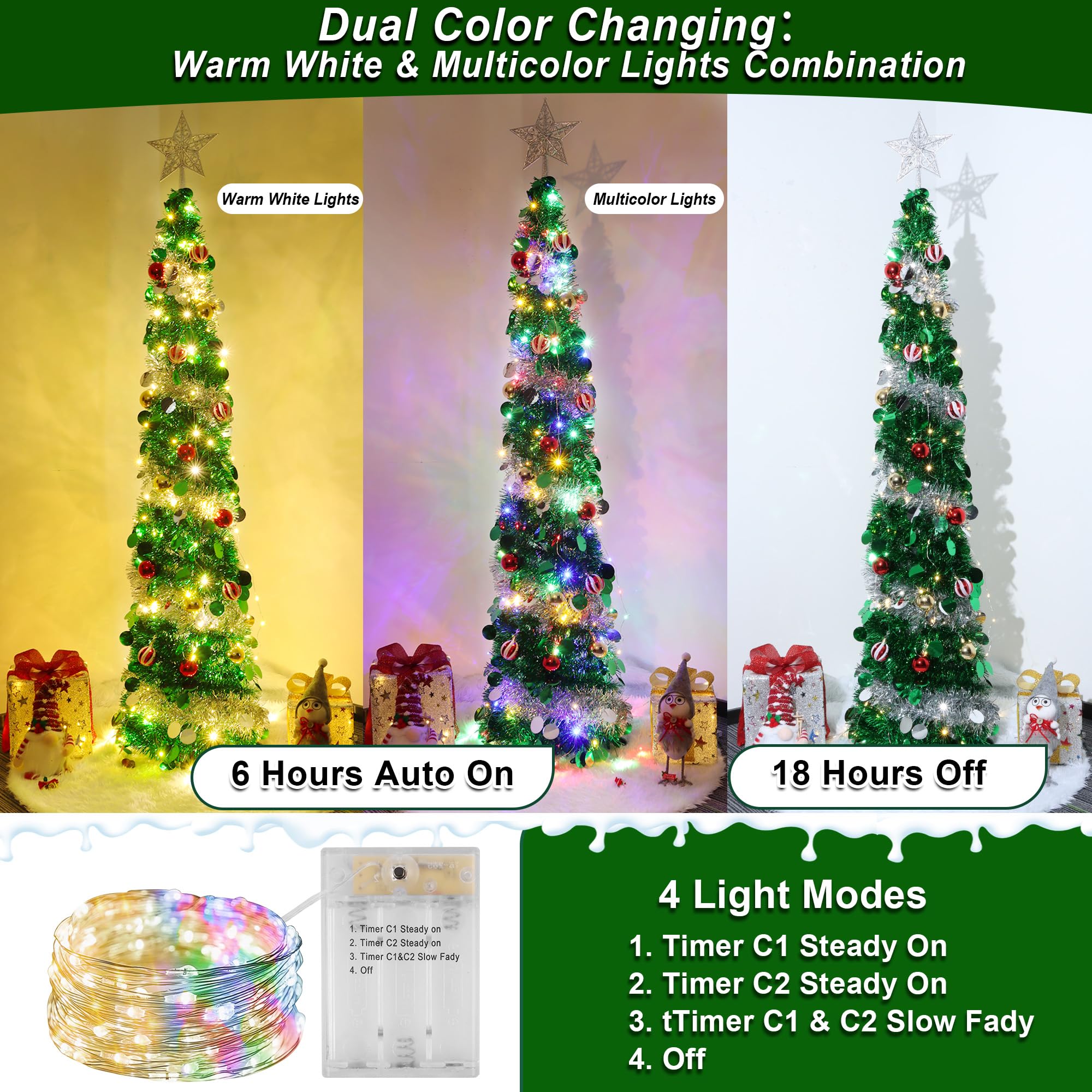 5FT Pop Up Christmas Tree with Timer 60 Warm White & Multi Color Fairy Light 3D Star 15 Ball Ornament, Green Sliver Tinsel Chris