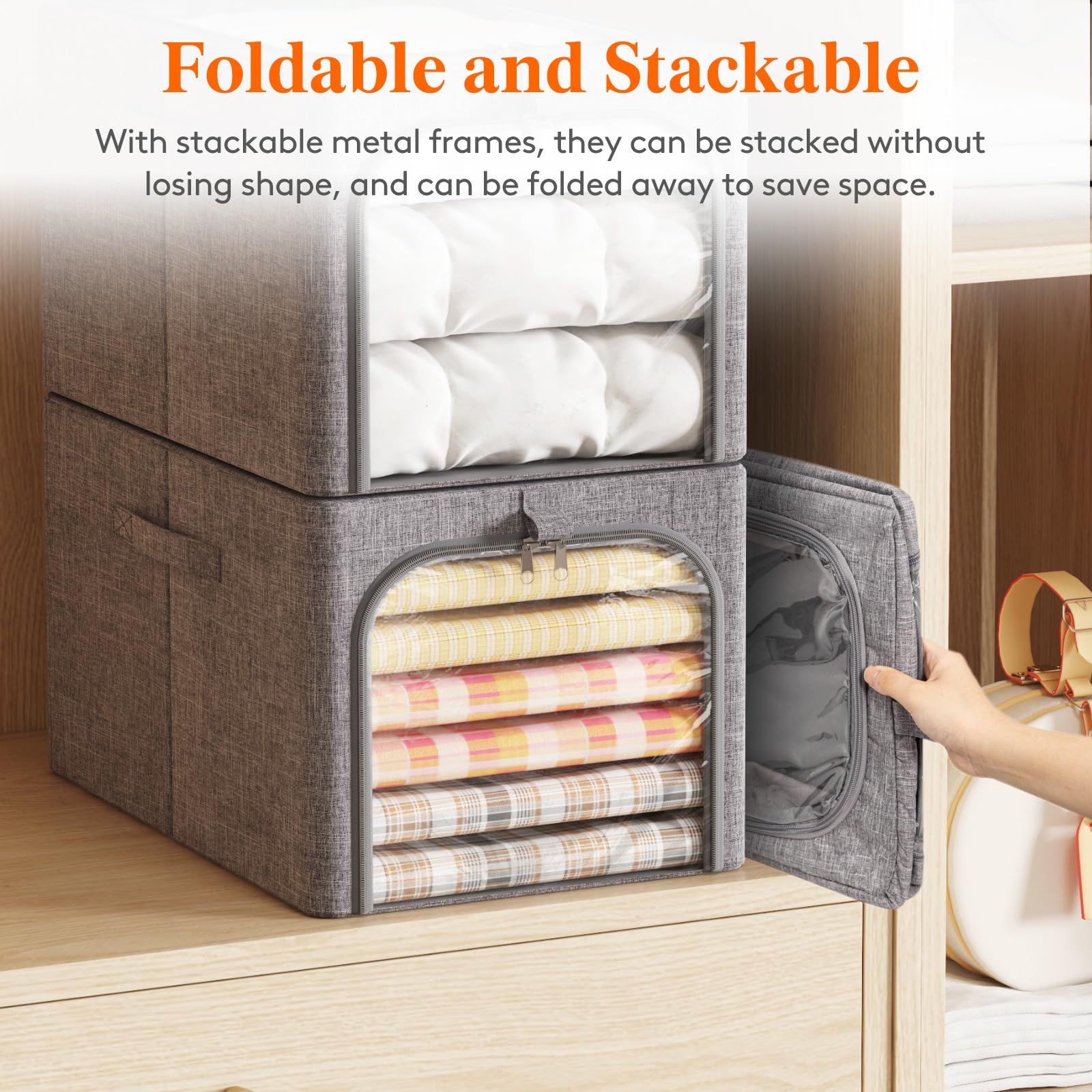 Lifewit 4 Pack Clothes Storage Bins with Metal Frame, Foldable Clothing Storage Bins with Lids, 40L Stackable Storage Box Storag