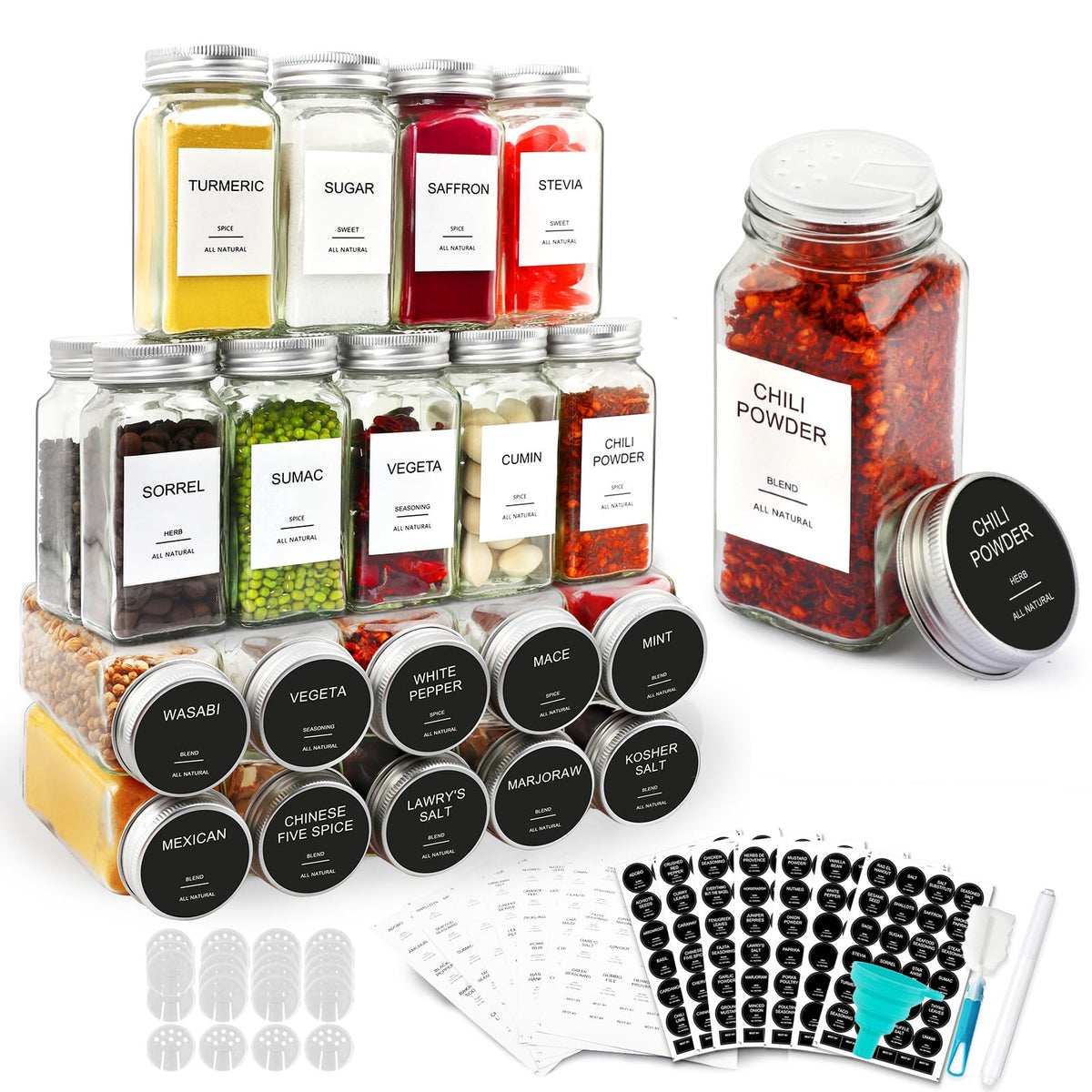 Aisiprin 24 Pcs Glass Spice Jars With Labels, 4Oz Small Empty Square Seasoning Containers Bottles - Shaker Lids, Funnel, Brush,4