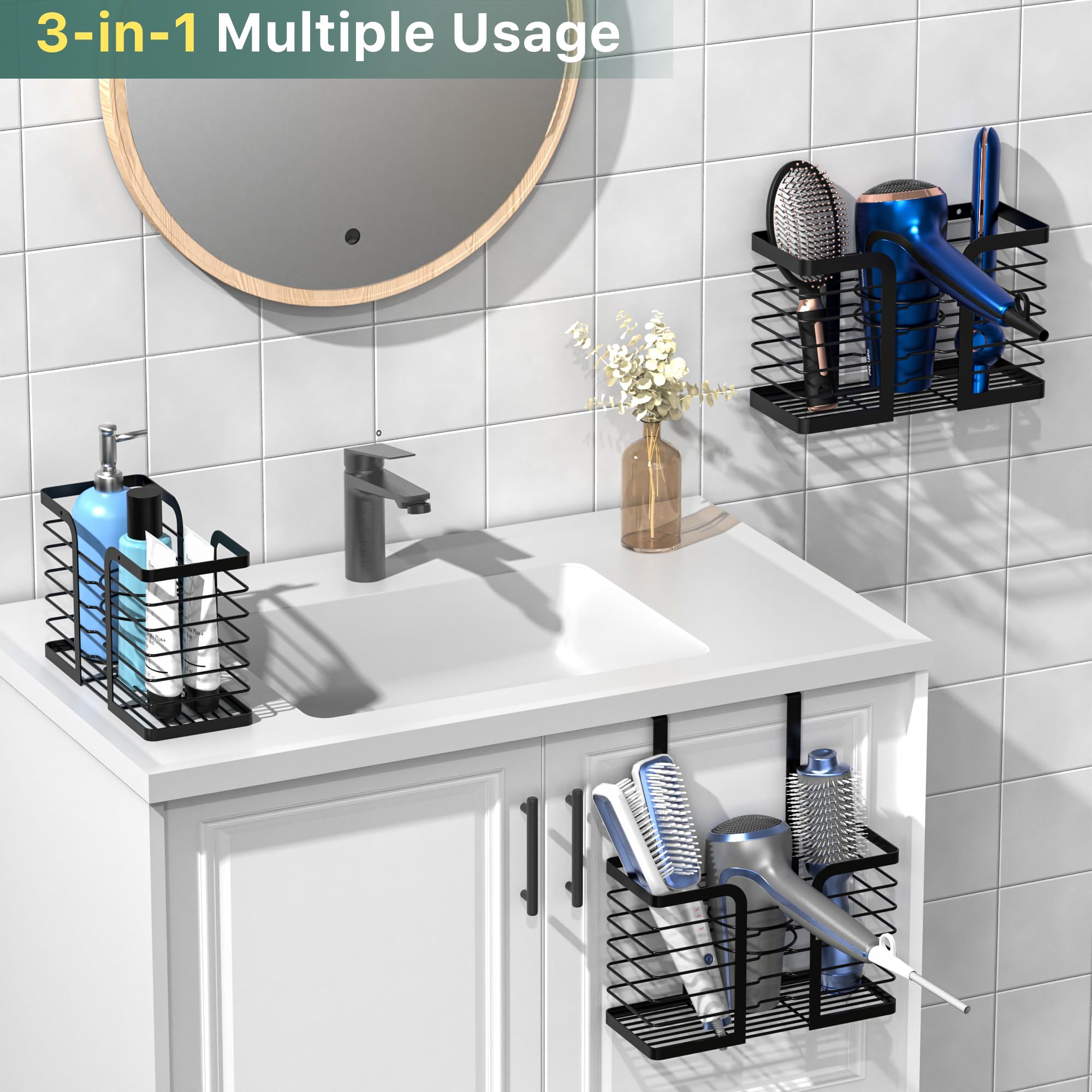 YIGII Hair Dryer Holder - Hair Tool Organizer 3-in-1 Blow Dryer Holder Adjustable Height  Bathroom Organizer Wall Mounted/Cabinet Door for Flat/Curling Irons  Hair Straighteners