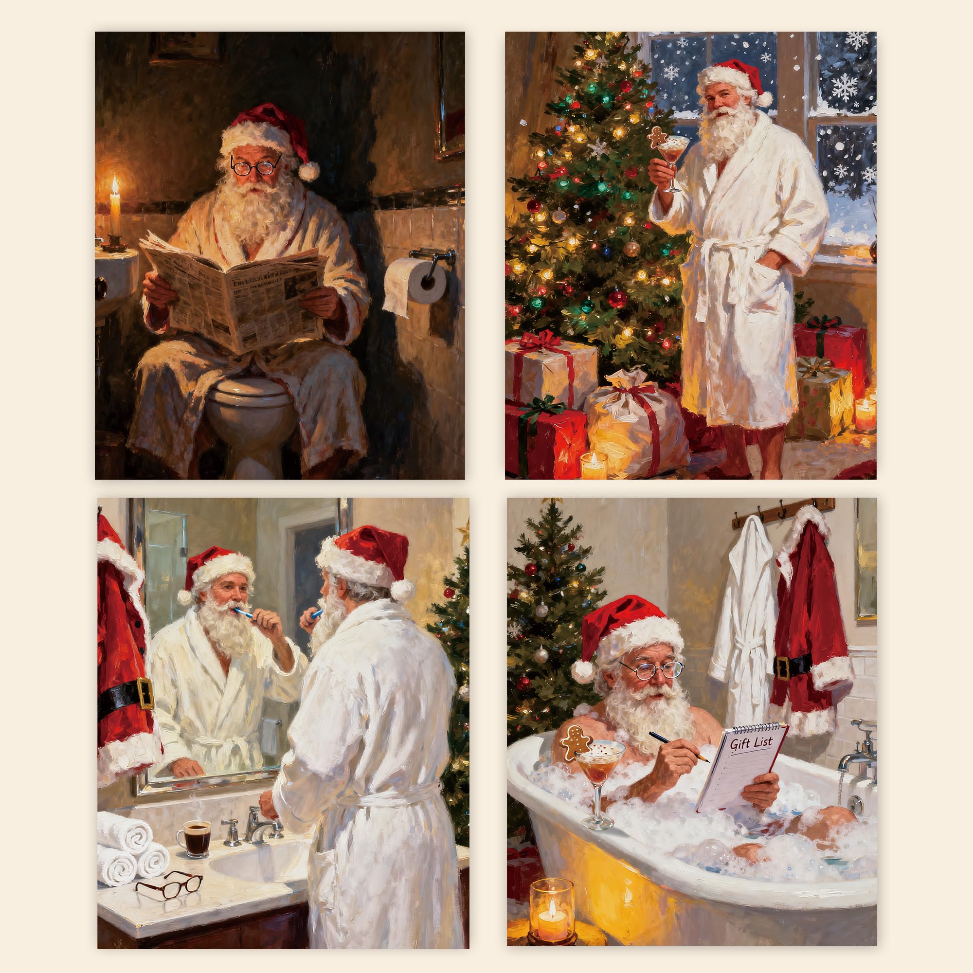 Poecinvi Funny Christmas Santa Bathroom Wall Art Prints Set Of 4, Funny Christmas Bathroom Decor, Santa Claus Posters Pictures W