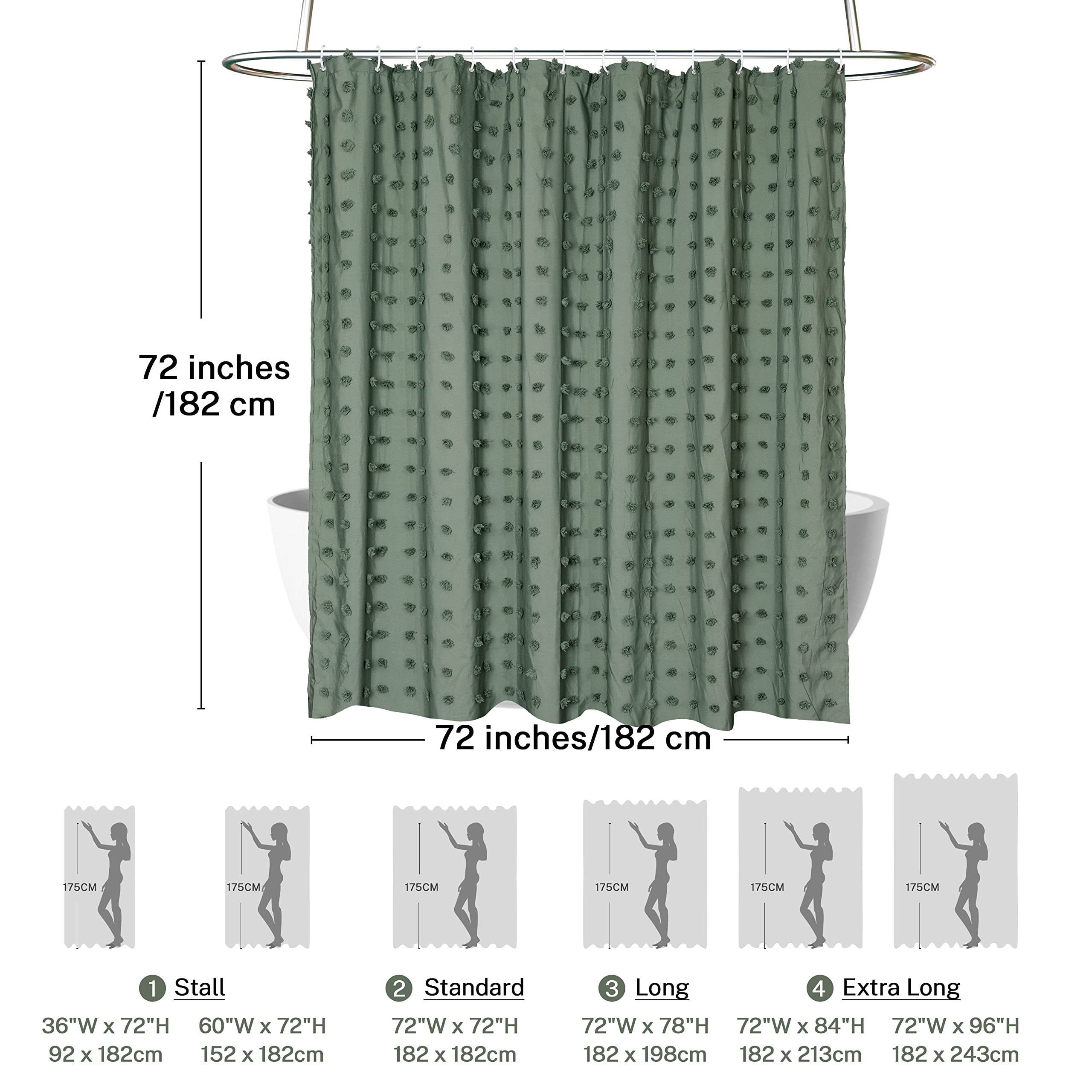 Siiluminisoy Green Boho Shower Curtain Woven Fabric Cute Shower Curtain, 72 X 72 Tufted Pleat Floral Puffs Textured Modern Farmh