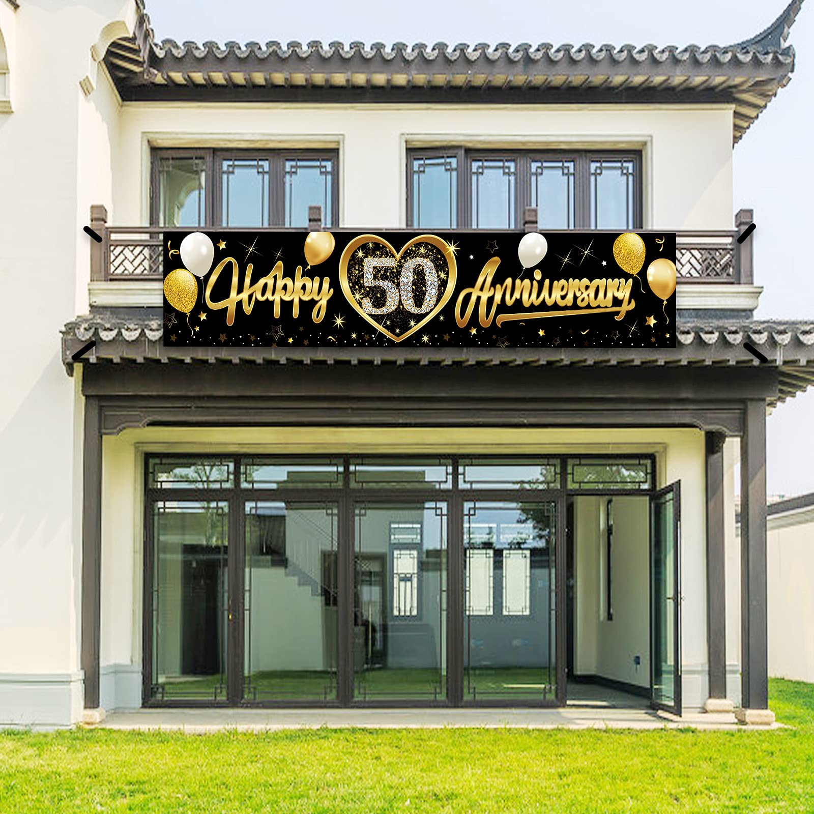 Happy 50Th Wedding Anniversary Banner Decorations, Black Gold 50Th Anniversary Sign Party Supplies, 50Th Wedding Anniversary Ban