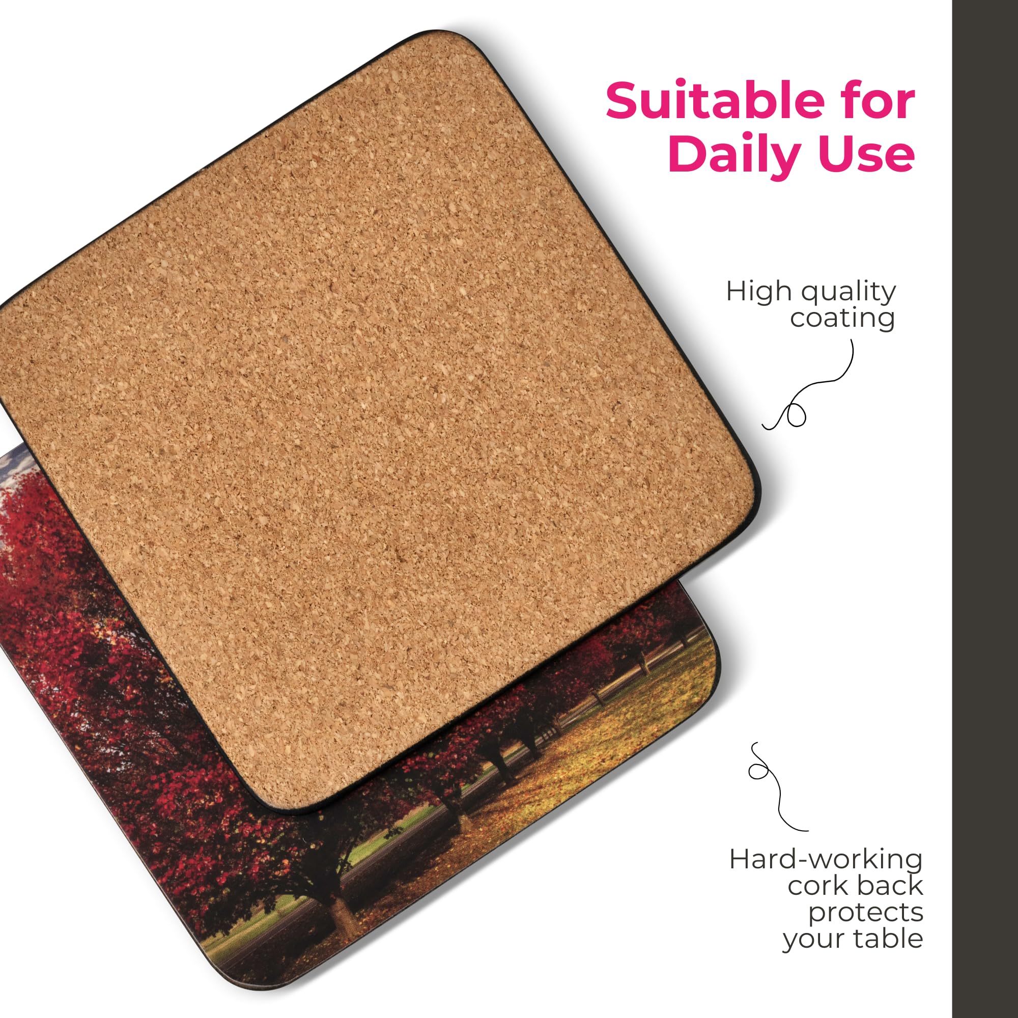 Pimpernel Crimson Trees Collection Coasters  Set of 6  Cork Backed Board  Heat and Stain Resistant  Drinks Coaster for Tabletop Protection  Measures 4 x 4