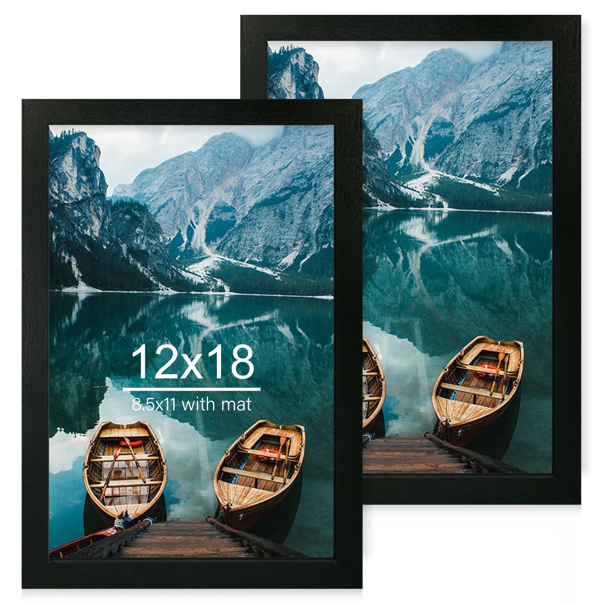 Hongkee 12x18 Frame Set of 2, Rustic Black Wood Style, Display 12 x 18 Poster without Mat or 8.5x11 Picture with Mat, Wall Mount