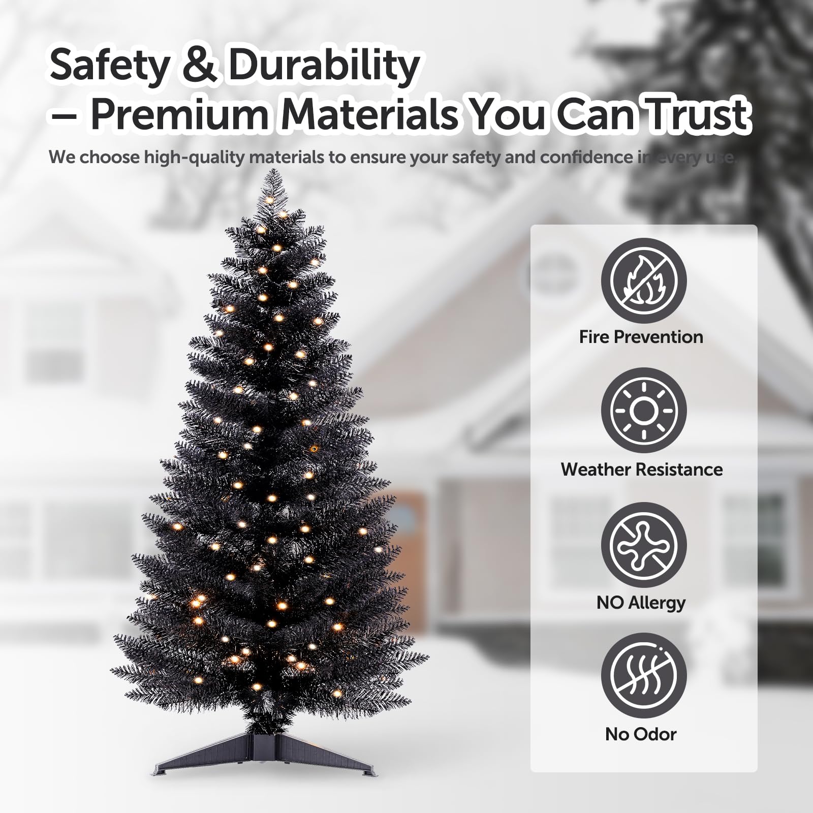 Santanelo 4ft Lighted Halloween Black Christmas Tree, Artificial Christmas Tree with Lights,Small Snowy Artificial Xmas Tree for