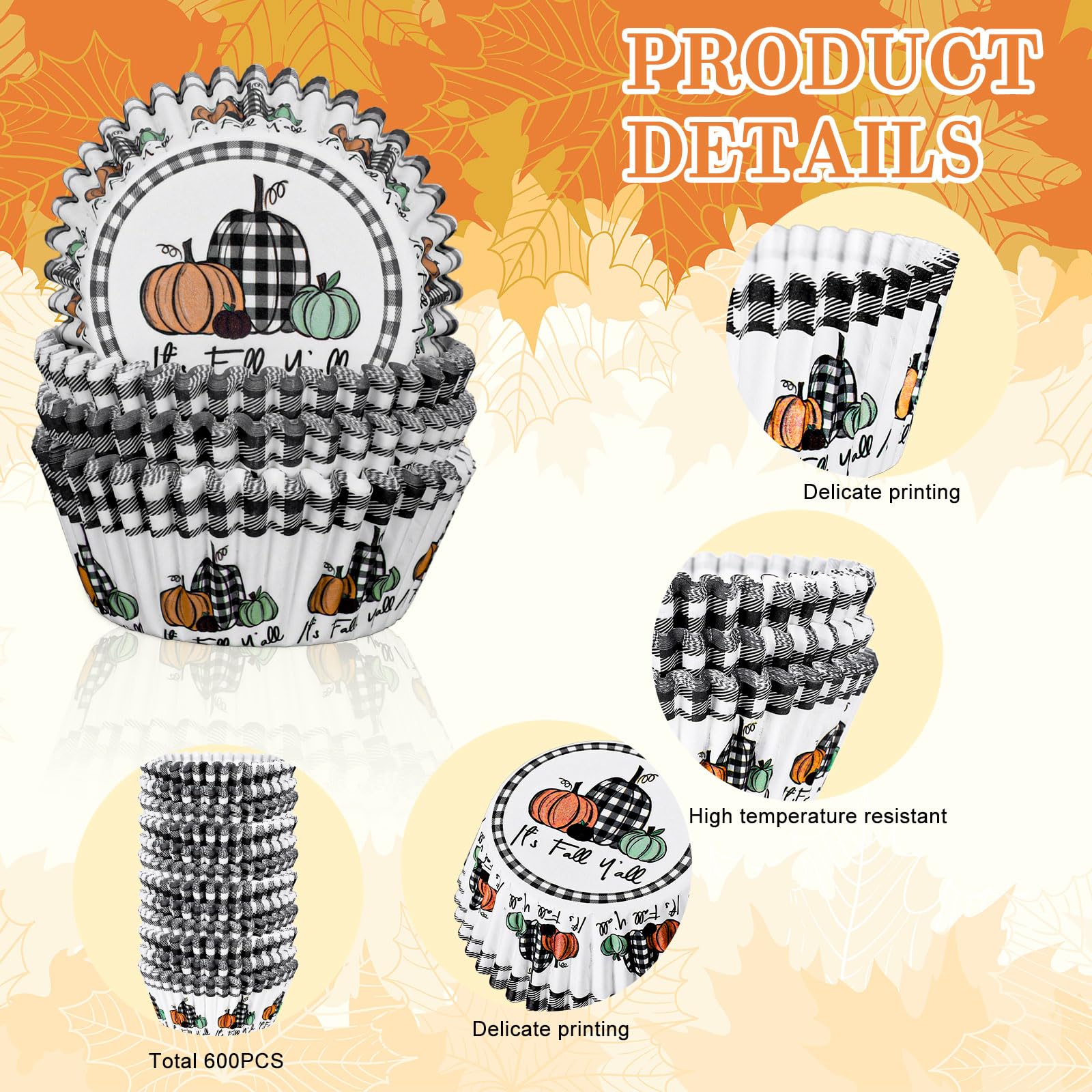 Whaline 600Pcs Fall Thanksgiving Cupcake Liners It'S Fall Y'All Cupcake Wrappers Plaid Pumpkin Baking Cups Autumn Muffin Baking