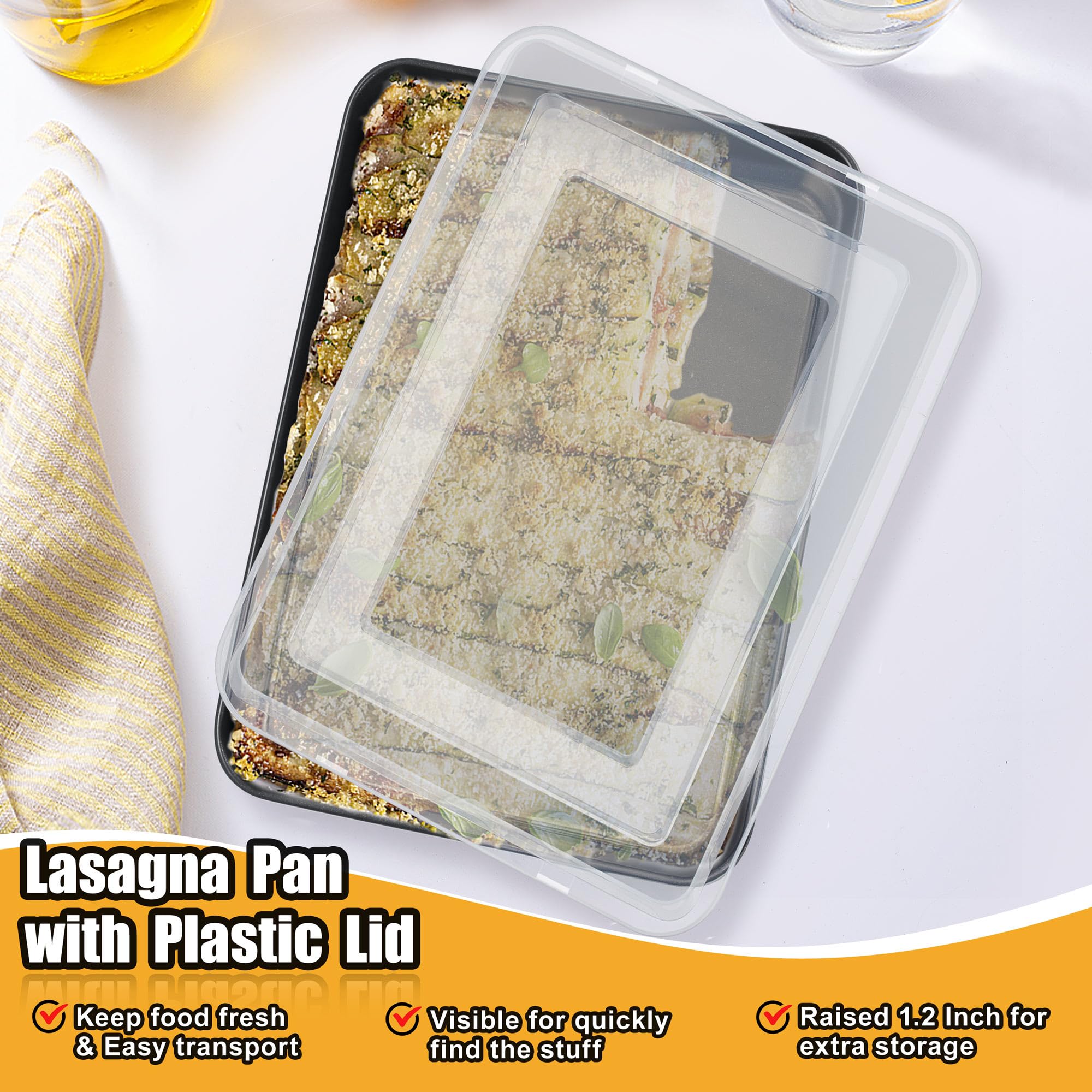 Teamfar Baking Pan With Lid, 9.4 Inch Stainless Steel Lasagna Pan With Black Non-Stick Coating, Roasting Baking Rectangle Cake P