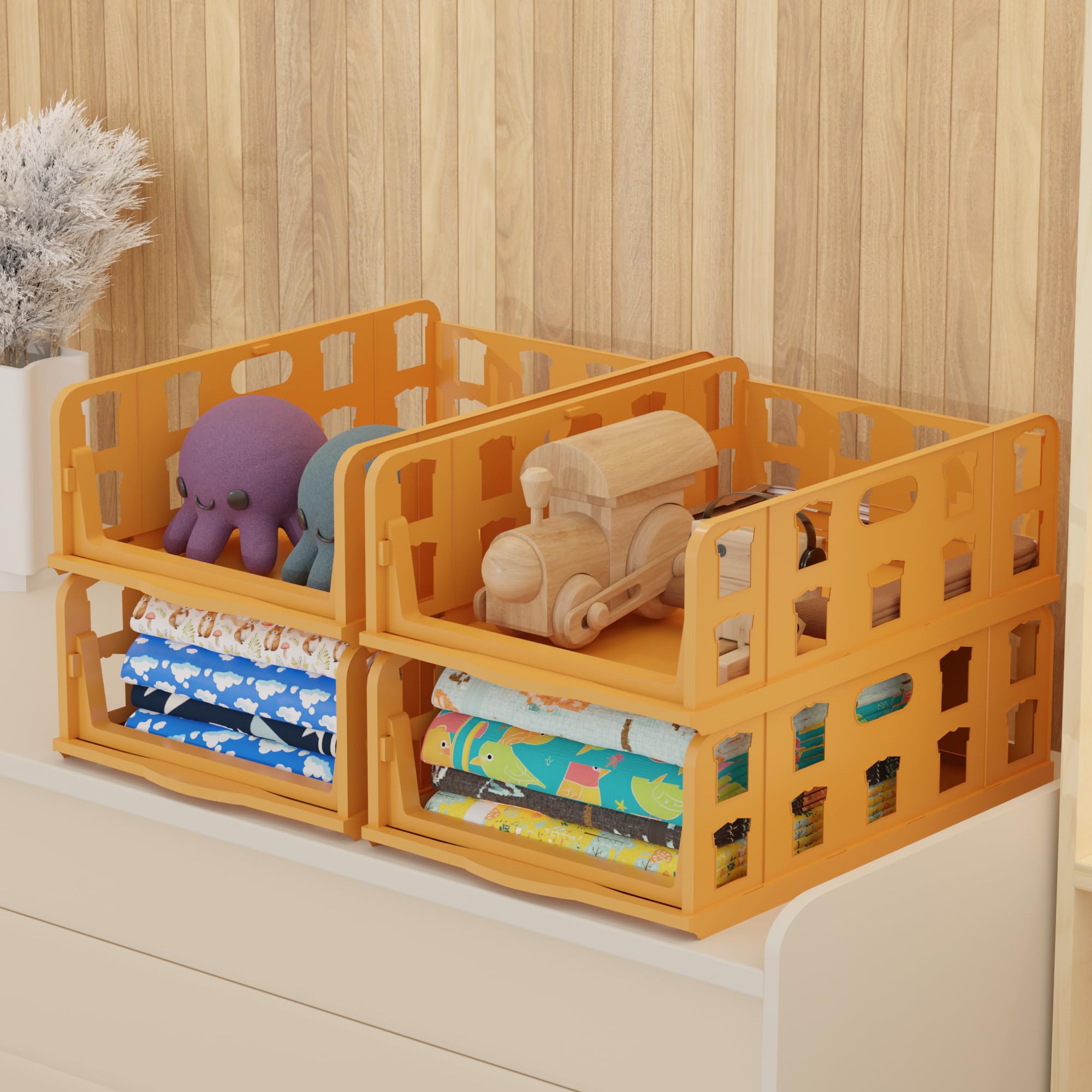 Kuber Industries 4 Pcs Foldable Kids Wardrobe Organizer For Clothes Storage | Stackable Slide Out Baby Dress Organiser For Wardr