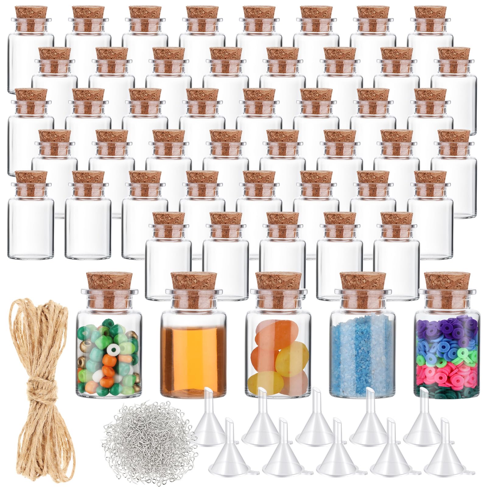 Bokon 50 Packs Mini Plastic Bottles with Corks Stoppers Eye Screws Funnels Small Potion Bottles Tiny Clear Sand Art Jar Wishing 
