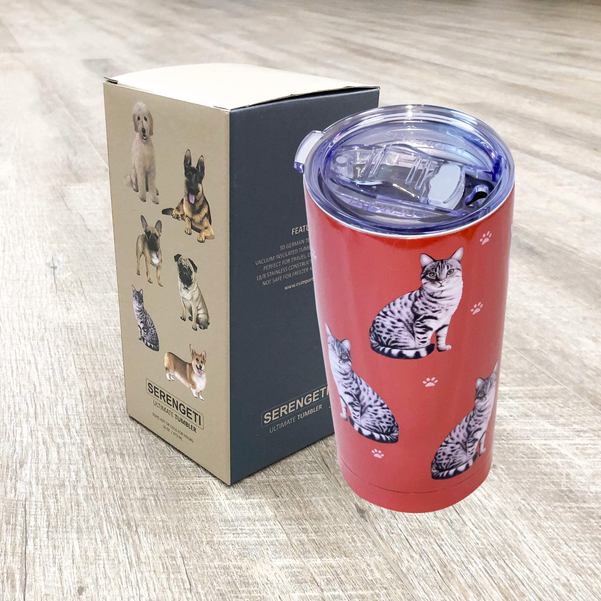 SERENGETI Tabby Cat 16 Oz. Stainless Steel  Vacuum Insulated Tumbler with Spill Proof Lid - 3D Print - Insulated Travel mug for Hot or Cold Drinks (Tabby Silver Cat Tumbler)