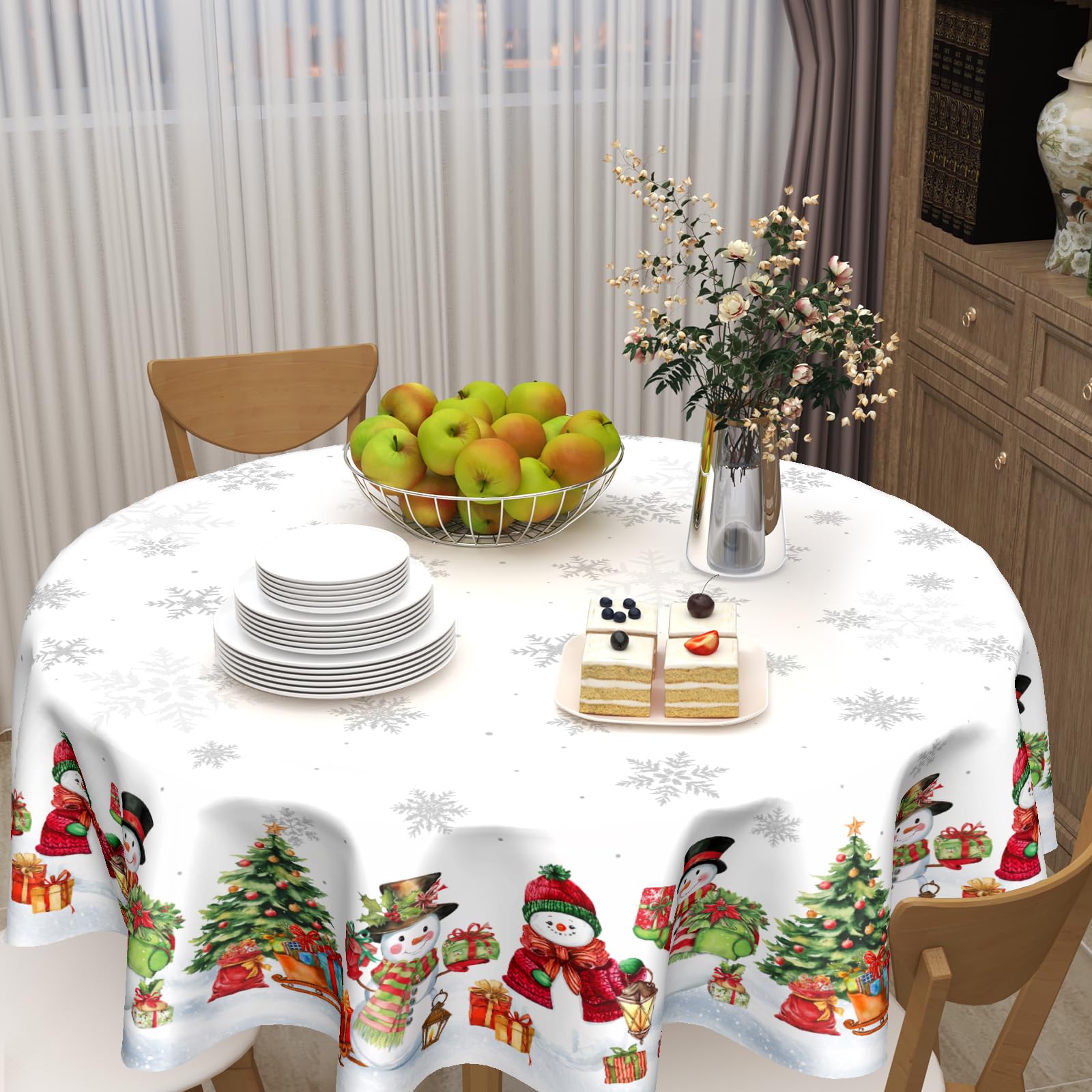 ABSOP Christmas Snowflake Round Tablecloth White Tablecloth 60 Inch Xmas Snowman Pattern Circle Table Cloth Winter Holiday Table